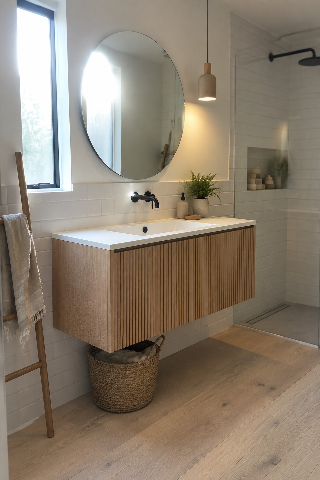 Modern bathroom with fluted floating wood vanity, round mirror, and pendant light