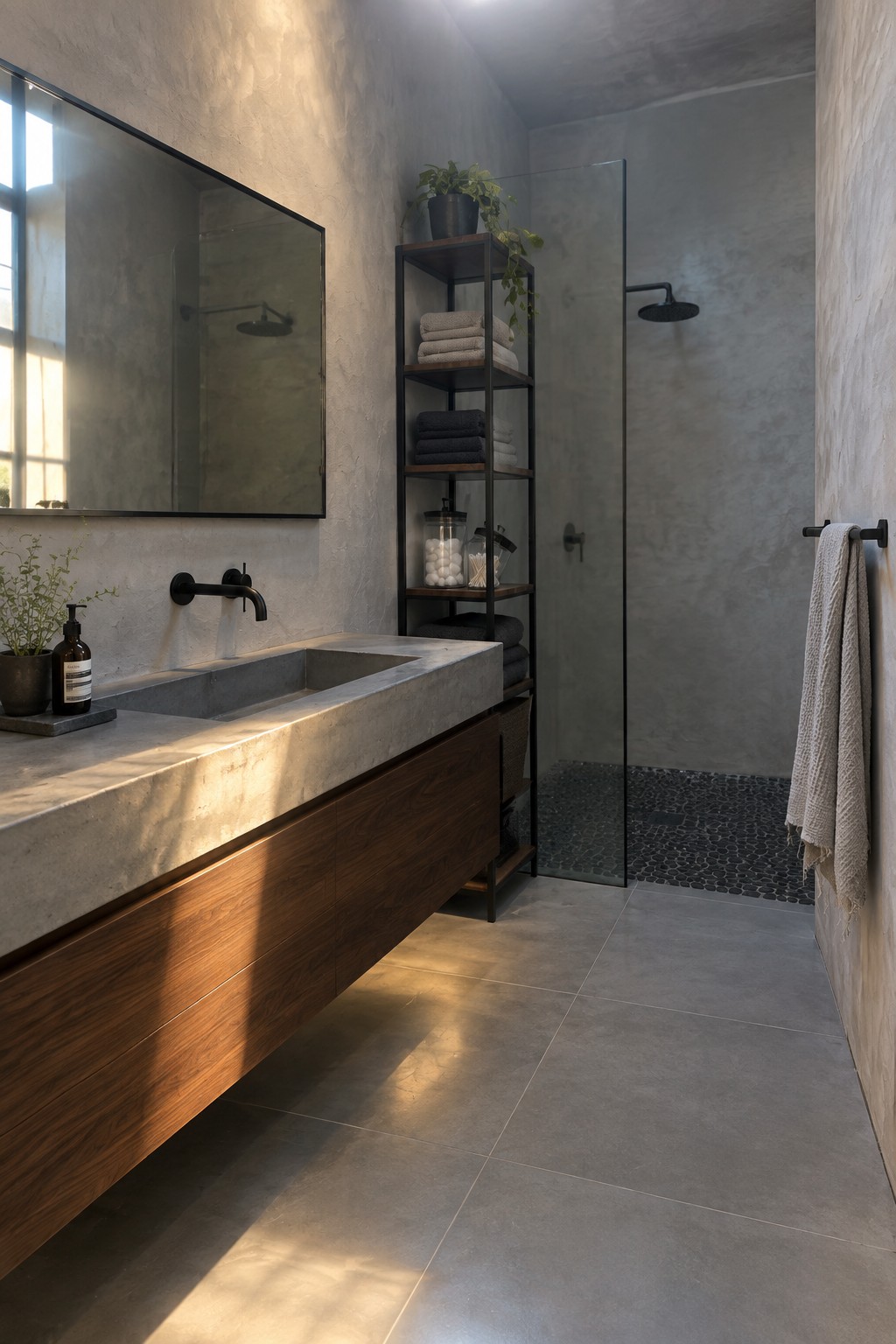 A minimalist bathroom with a long floating concrete vanity topped by a black faucet, wooden drawers below, and a tall black metal shelving unit beside a glass shower.