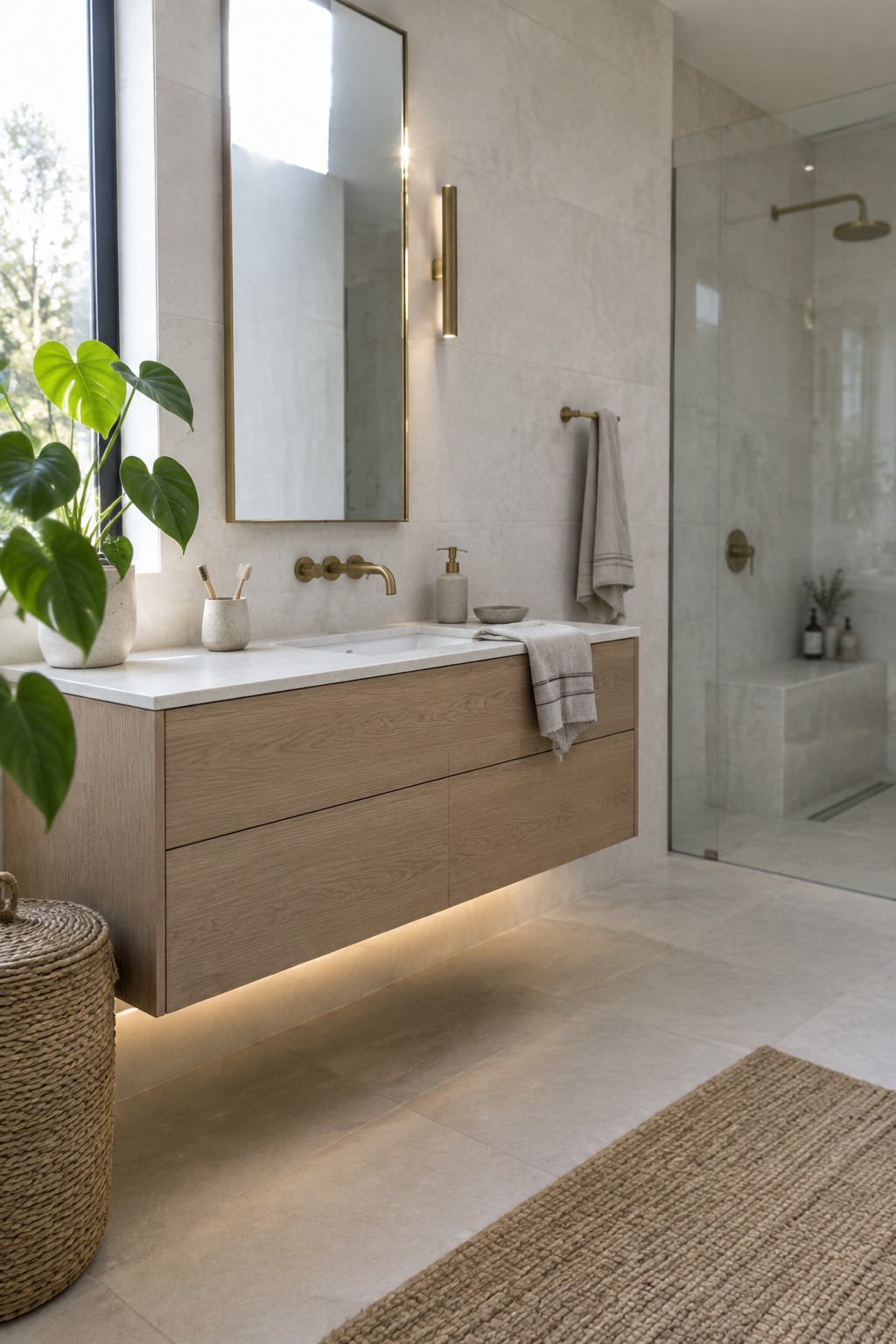 A bathroom with a wall-mounted light wood vanity, white countertop, large mirror, brass fixtures, and a glass shower on the right.