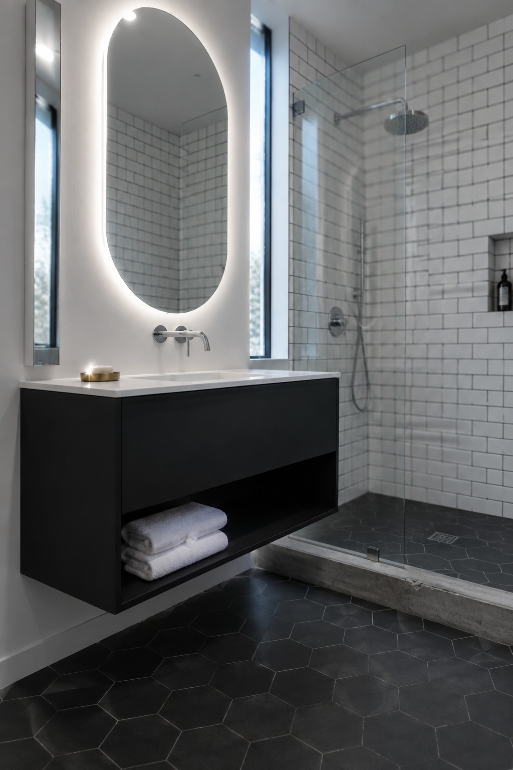 A minimalist bathroom featuring a black floating vanity with white countertop and open lower shelf holding white towels, an oval backlit mirror above, and a glass shower with white subway tile walls.