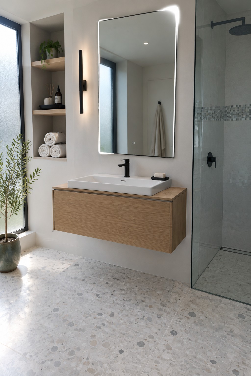 A modern bathroom with a wall-mounted light wood vanity holding a white rectangular sink and black faucet, a large backlit mirror above it, and terrazzo tile flooring extending into a glass shower enclosure.