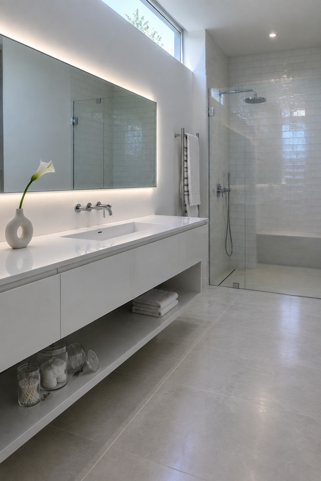A minimalist bathroom with a long floating white vanity, integrated sink, large backlit mirror, and glass shower enclosure with white tile walls.