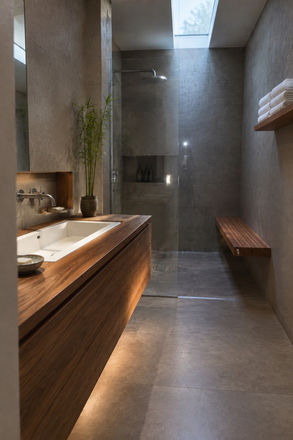 Modern bathroom with wooden vanity, white sink, glass shower, skylight, and towel shelf.