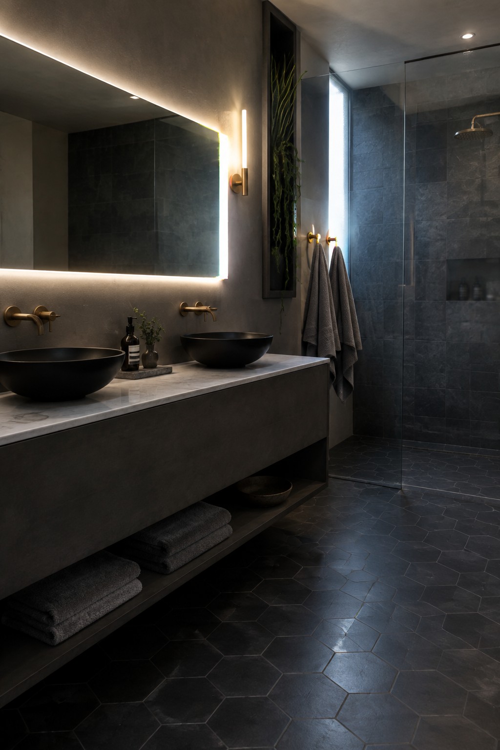 A minimalist dark bathroom with a long floating vanity holding two black vessel sinks on a marble top, a backlit mirror above, and dark hexagonal floor tiles leading to a glass shower.