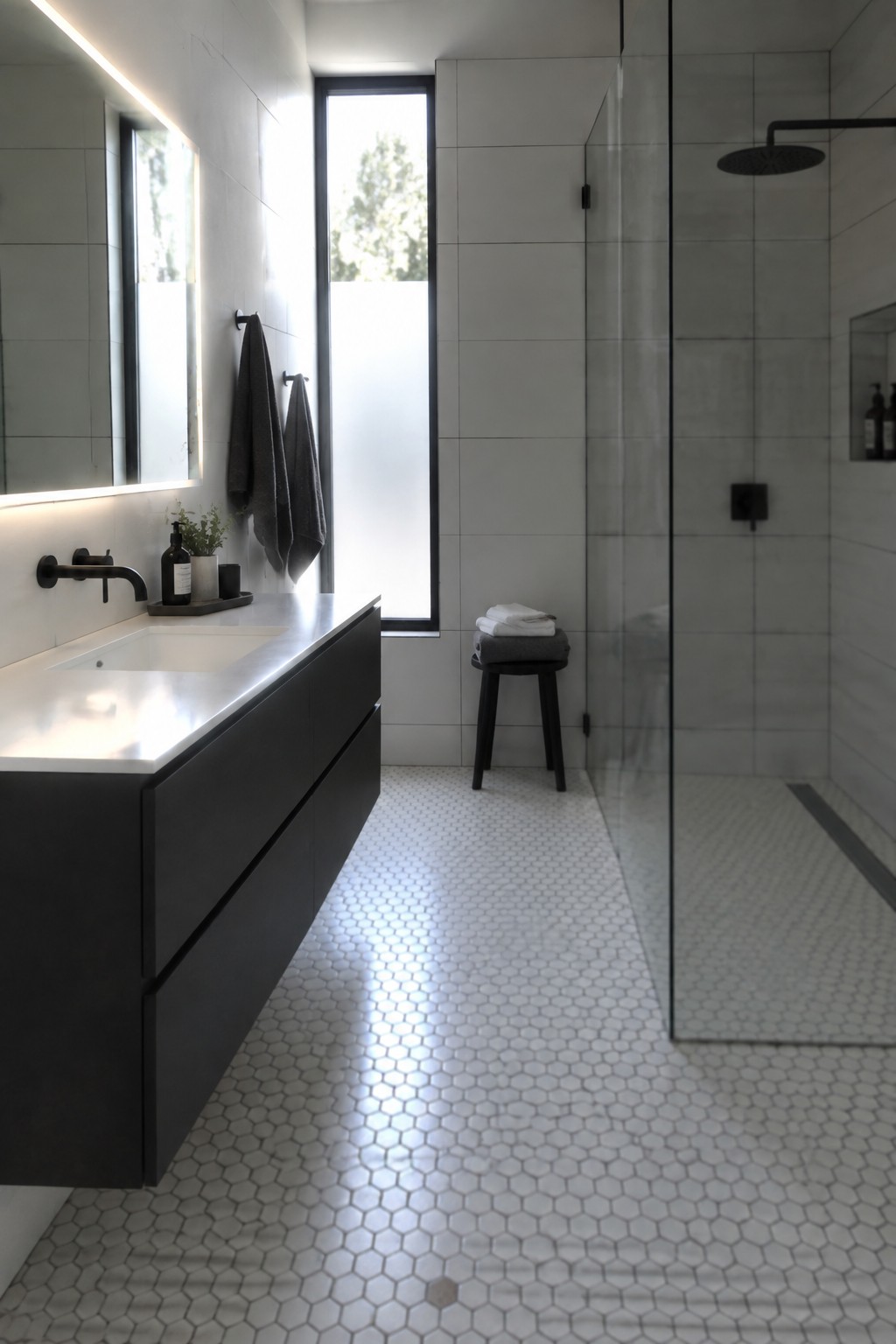 A minimalist bathroom shows a dark floating vanity with white countertop and black faucet mounted on a tiled wall, white hexagonal floor tiles, and a glass shower enclosure on the right.