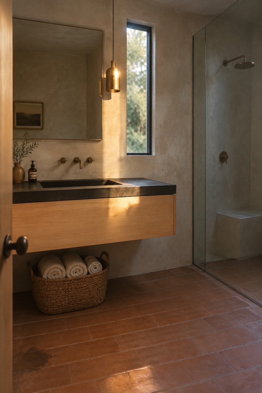 A minimalist bathroom with a wall-mounted wooden vanity, dark stone countertop, brass faucet, and a woven basket holding rolled towels on terracotta tile flooring.