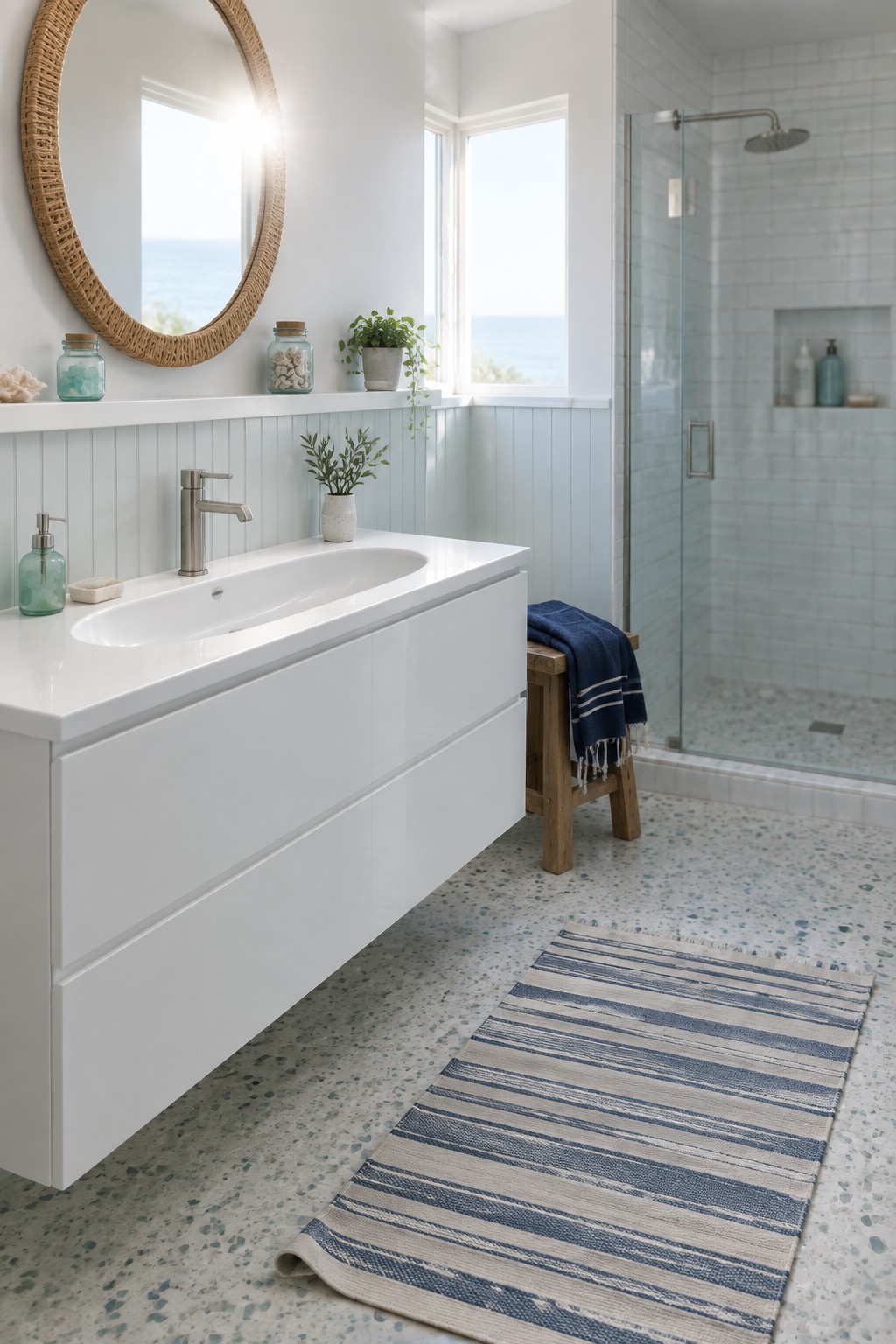A bathroom with a white wall-mounted floating vanity, round mirror, light blue beadboard walls, terrazzo floor, and a glass shower on the right.