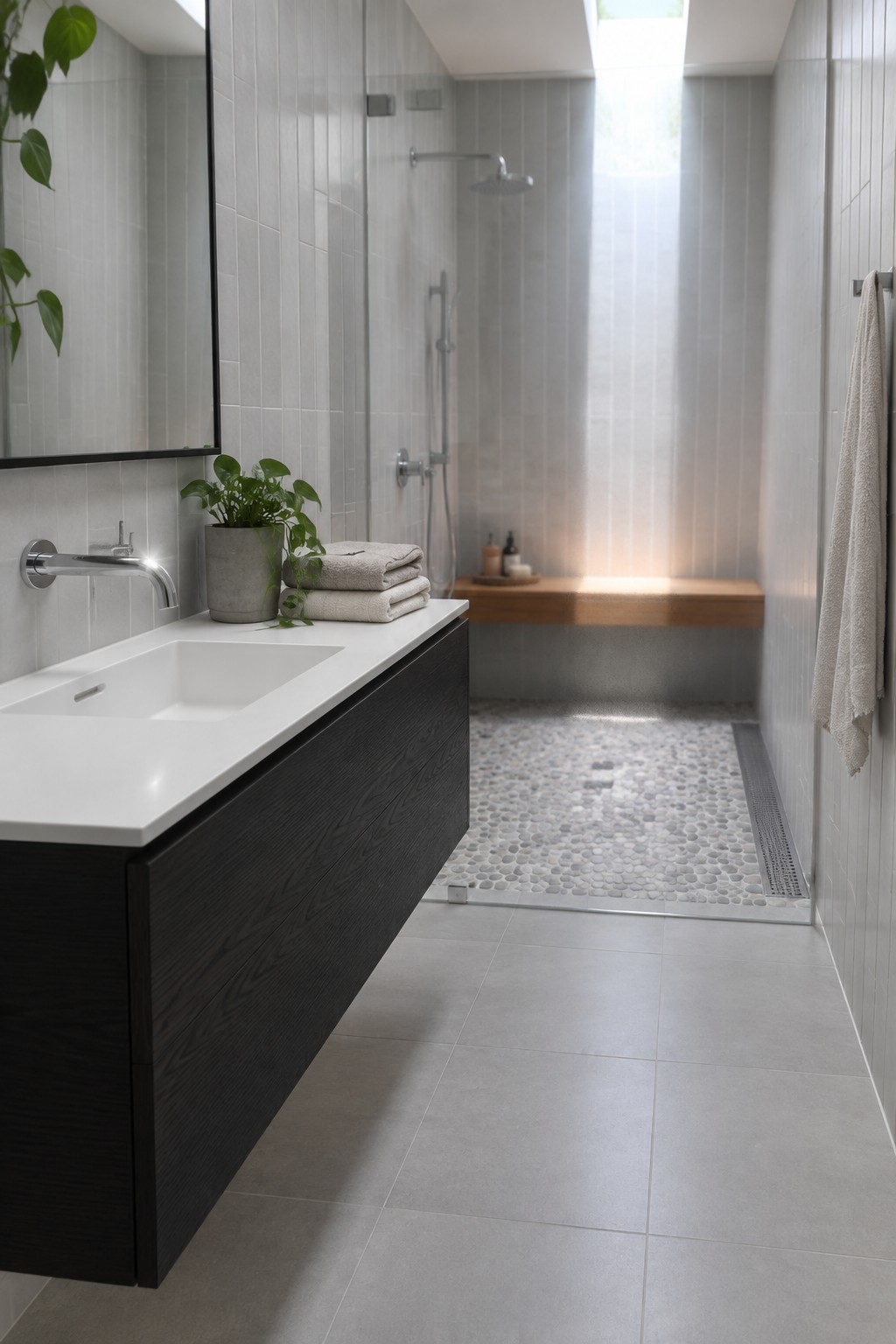 A modern bathroom featuring a floating dark wood vanity with integrated white sink, wall-mounted faucet, potted plant, and a walk-in shower with pebble floor and built-in wooden bench.