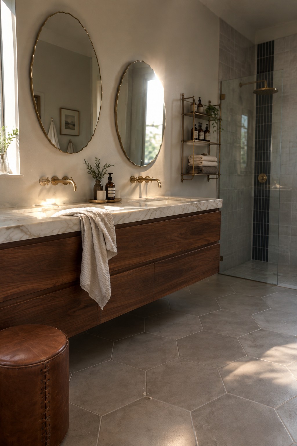 A bathroom with a floating wood vanity topped with marble, two oval mirrors above the sinks, brass wall-mounted faucets, and a glass shower to the right.