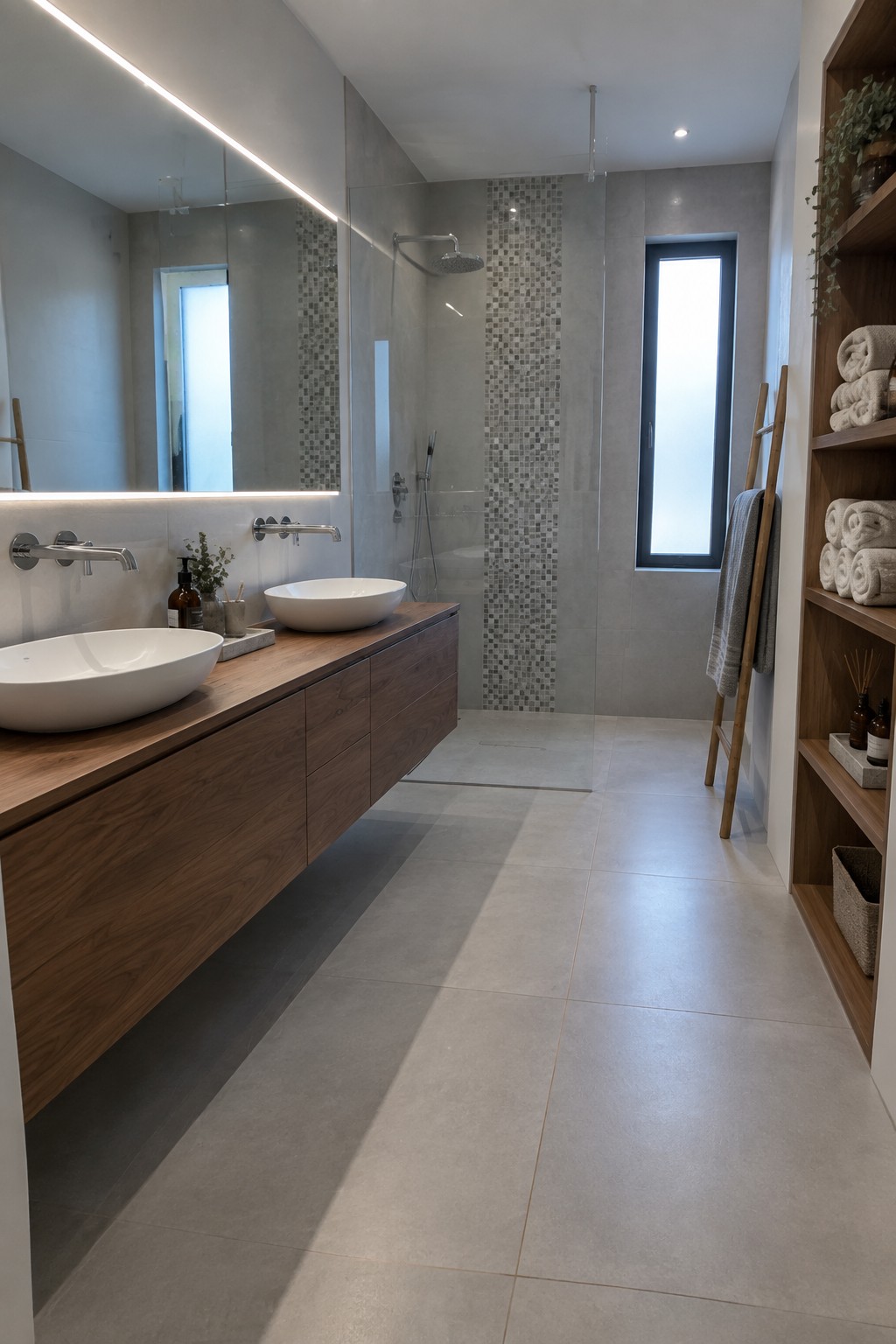 A minimalist bathroom with a long floating wooden vanity holding two white vessel sinks, large backlit mirrors, and a glass shower enclosure in the background.