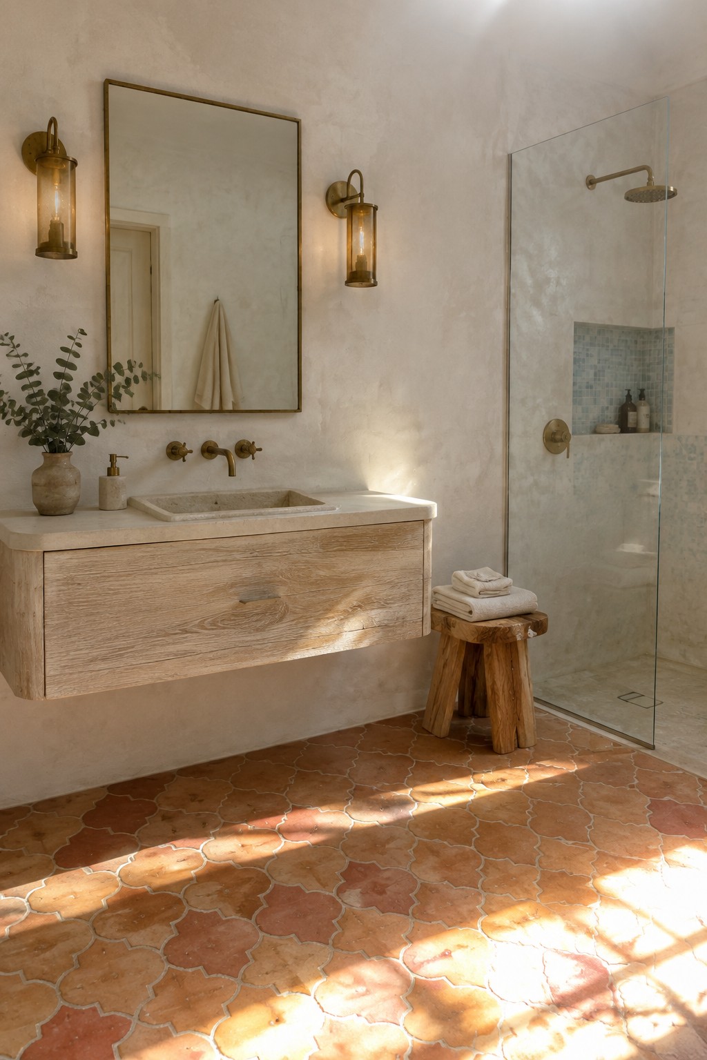 A bathroom interior showing a wall-mounted wooden vanity with a stone sink, brass wall sconces, a large mirror, and terracotta floor tiles.