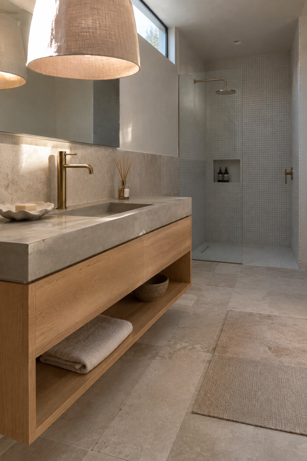 Modern bathroom with floating oak vanity, concrete countertop, brass faucet, and tiled shower.