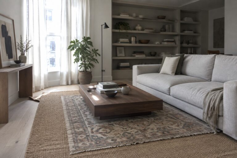 19 Modern Living Room Ideas Using Low-Profile Furniture and Layered Rugs A modern living room with a light gray sectional sofa, low wooden coffee table on layered rugs, built-in gray shelves, and large windows with white curtains.