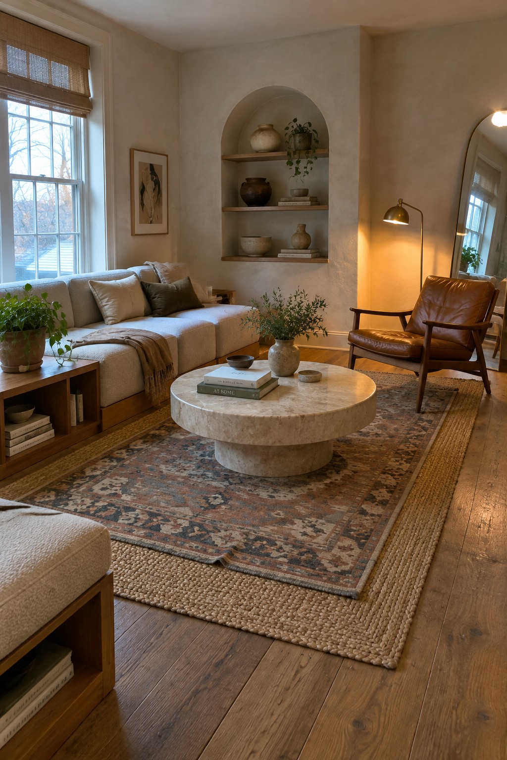 A living room with a low beige sectional sofa, round marble coffee table on layered rugs, brown leather armchair, and arched built-in shelves.