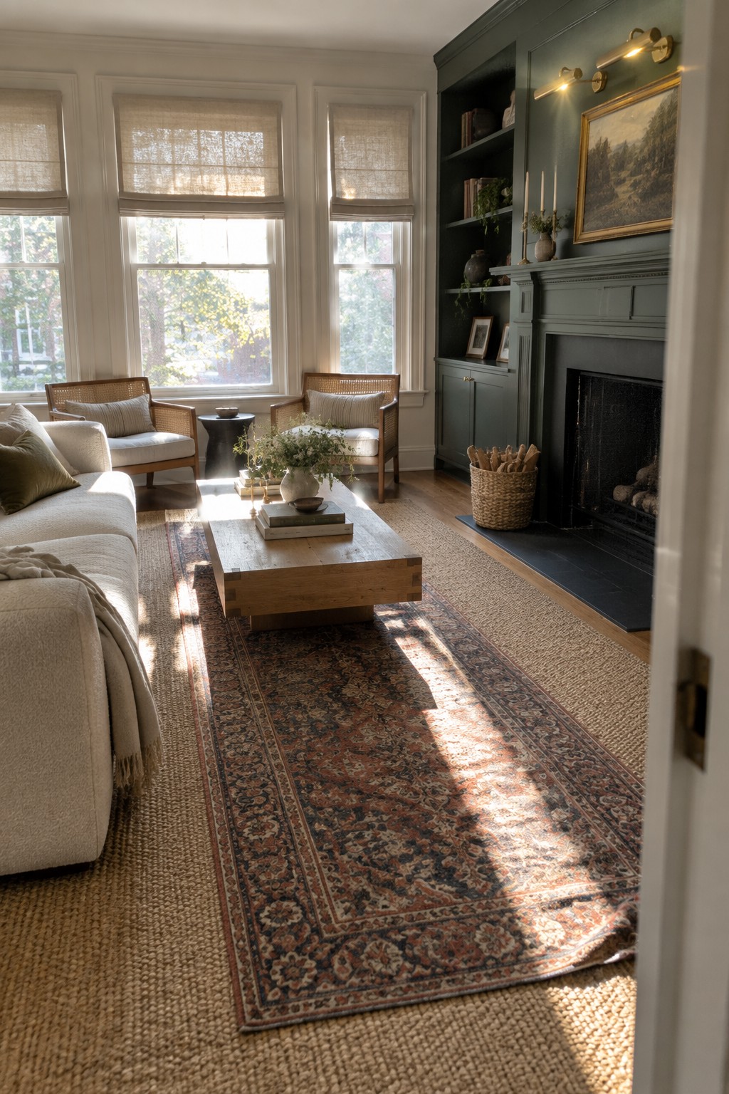 A living room featuring a white sofa, low wooden coffee table, two layered rugs, cane chairs, and a green built-in fireplace with bookshelves.