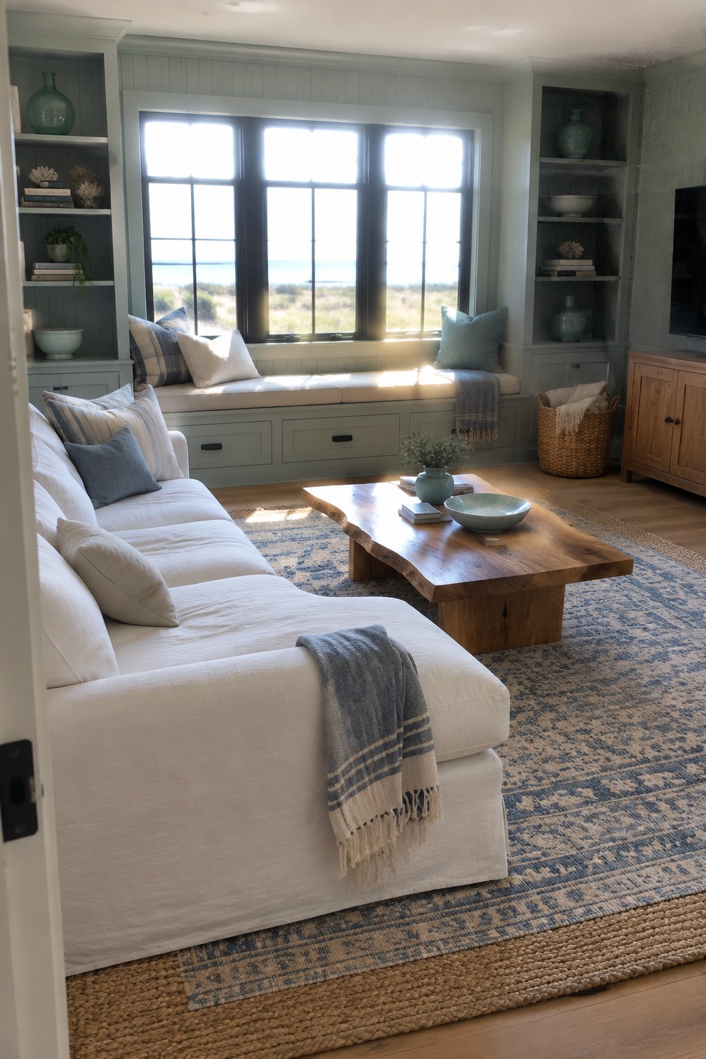 Sunlit living room with white sectional sofa, wooden coffee table, and ocean-view window seat