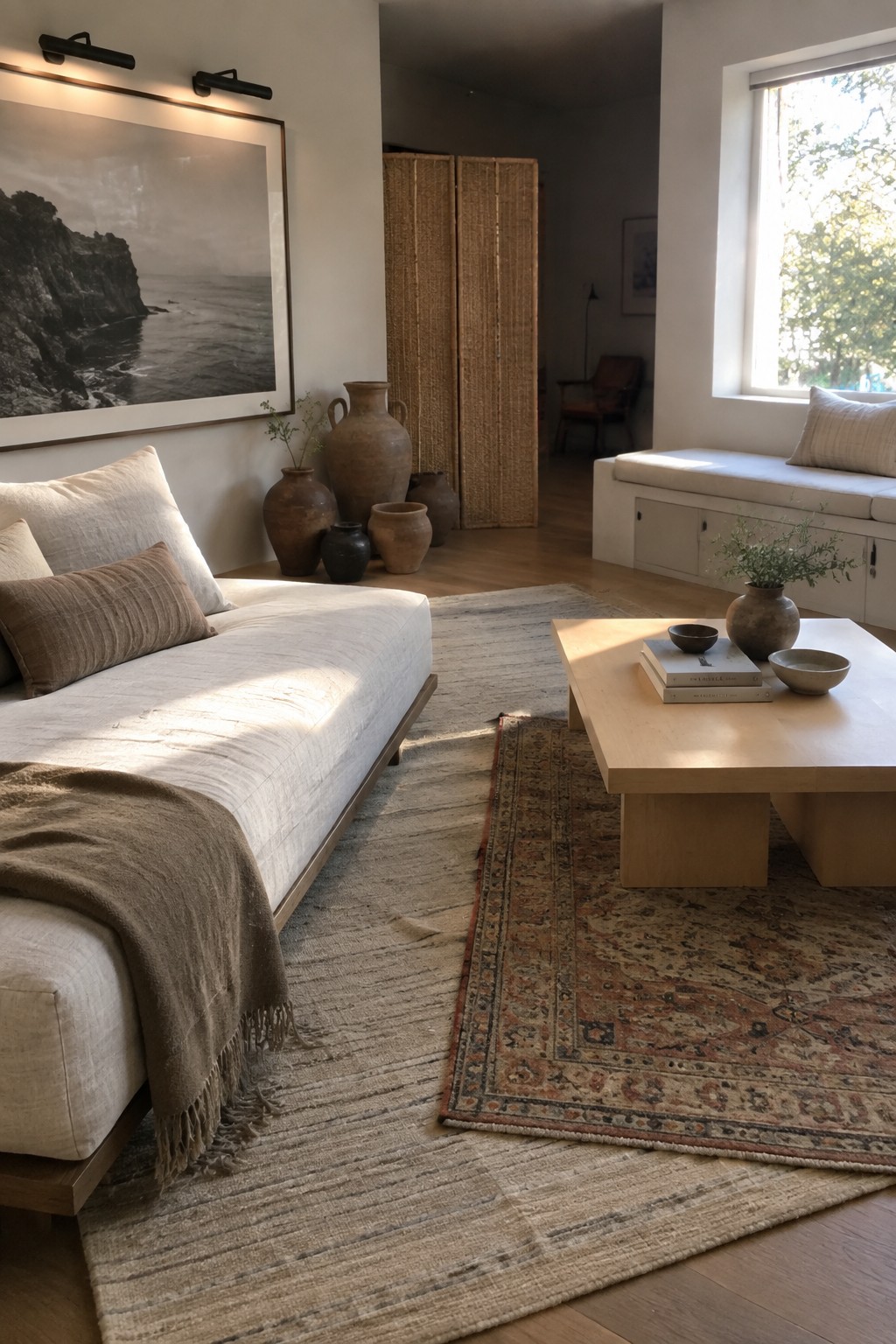 A modern living room with a low-profile white sofa, wooden coffee table, and two layered rugs on light wood flooring.