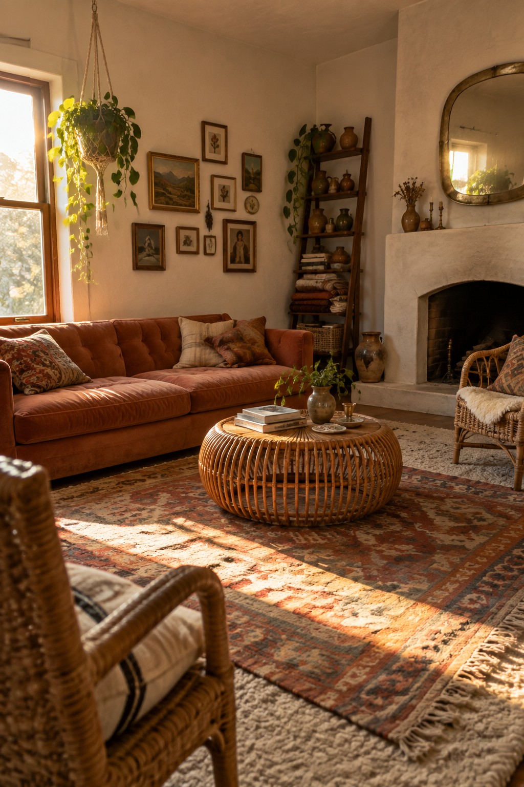 A living room with a rust-colored sofa, round rattan coffee table, layered patterned rugs, wicker chairs, and a white fireplace mantel.