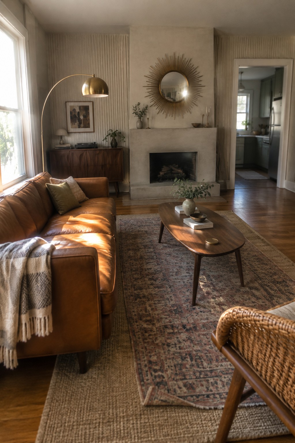 A living room with a brown leather sofa, layered rugs on a wood floor, a low oval wooden coffee table, and a concrete fireplace with a round mirror above it.