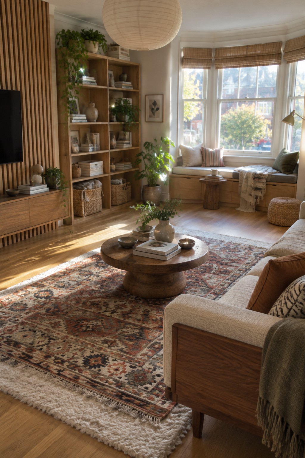 Cozy living room with round wooden coffee table on large patterned rug and bookshelves.