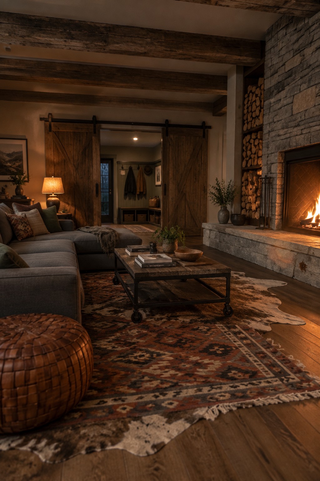 A living room featuring a gray sectional sofa, wooden coffee table on layered rugs with a cowhide underneath a patterned rug, and a stone fireplace with a lit fire.