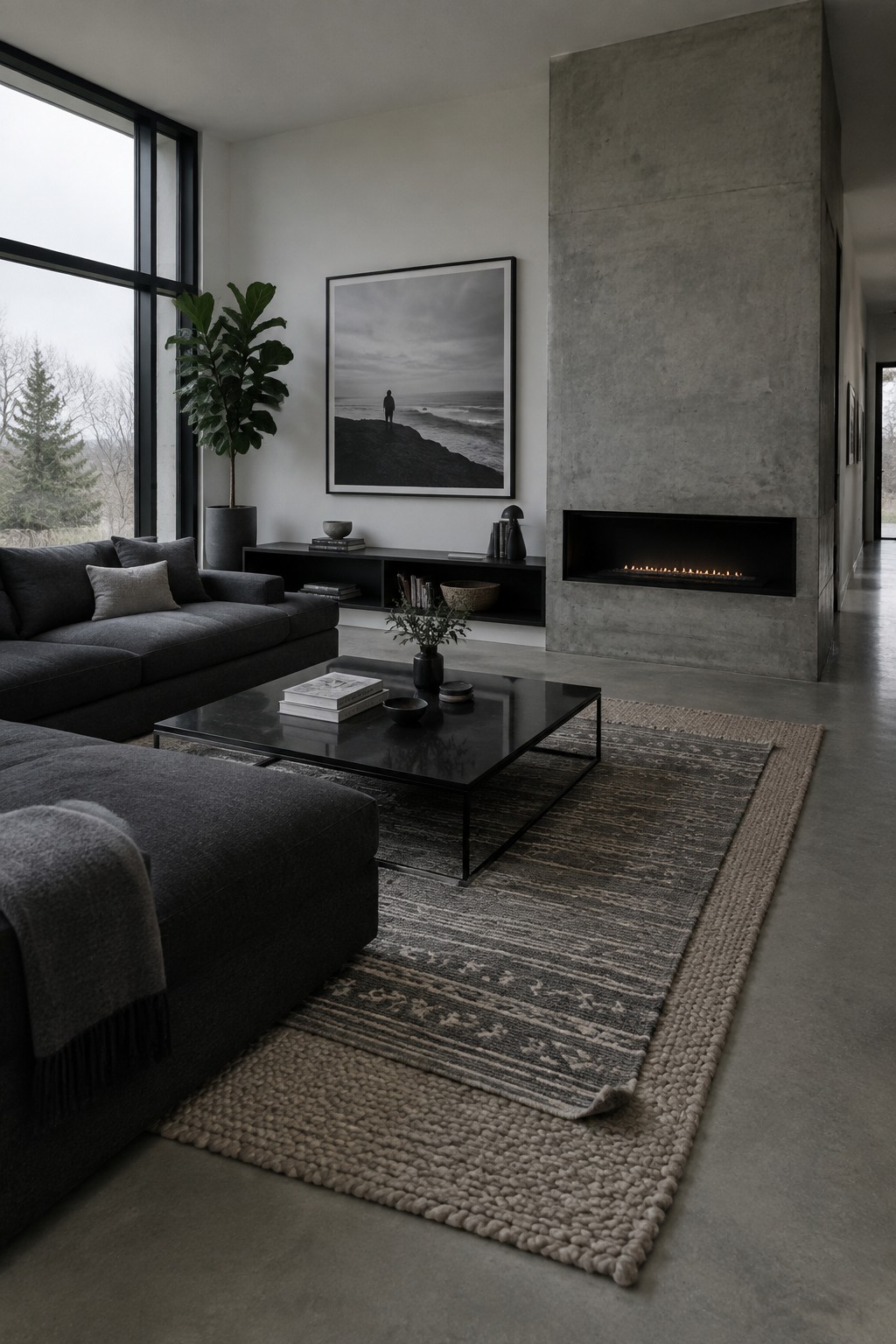 A modern living room featuring a dark gray sectional sofa, black coffee table on layered rugs, concrete fireplace, and large black and white photograph on a white wall.