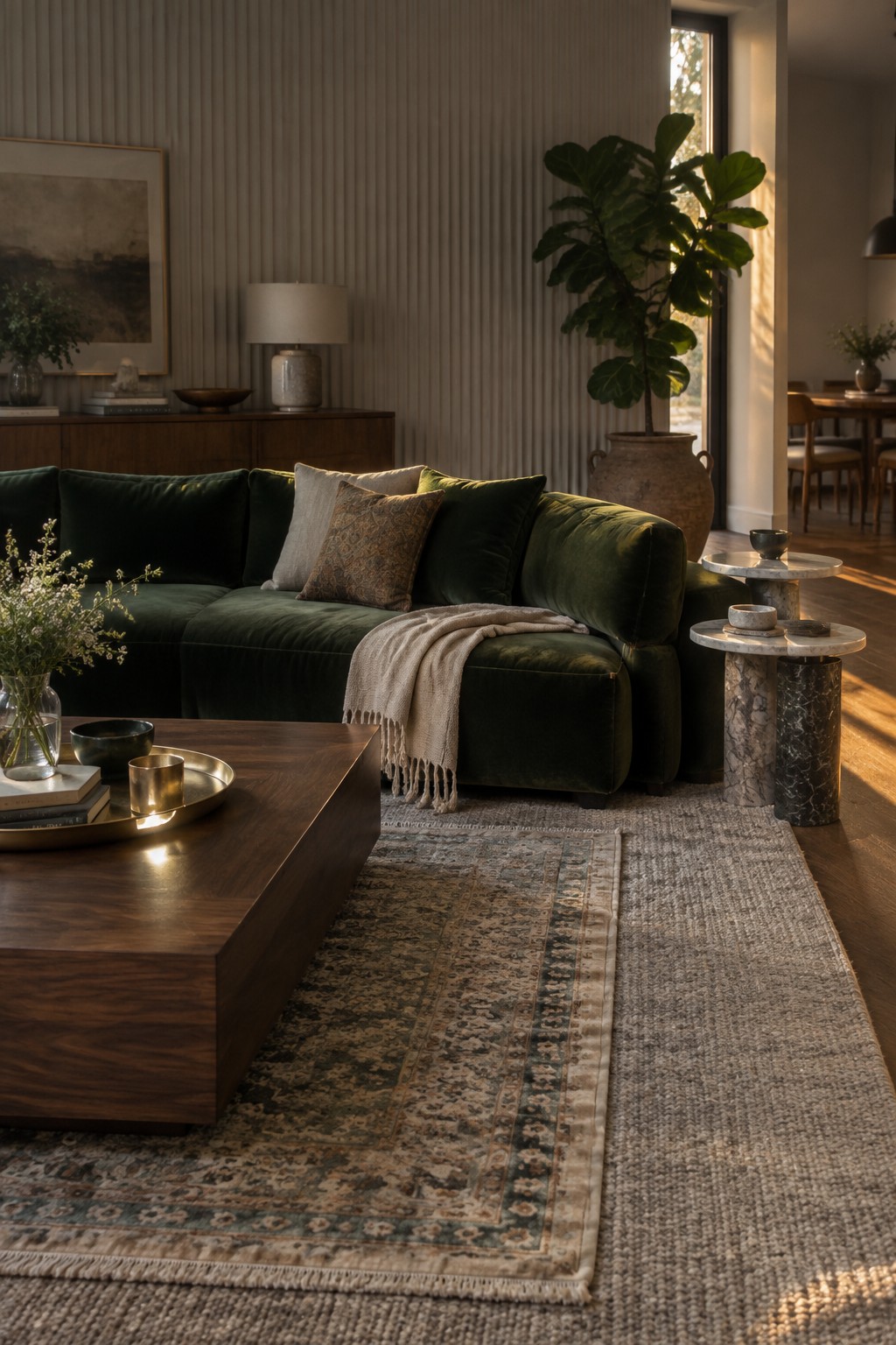 Green velvet sectional sofa, wooden coffee table, and potted plant in sunlit living room.