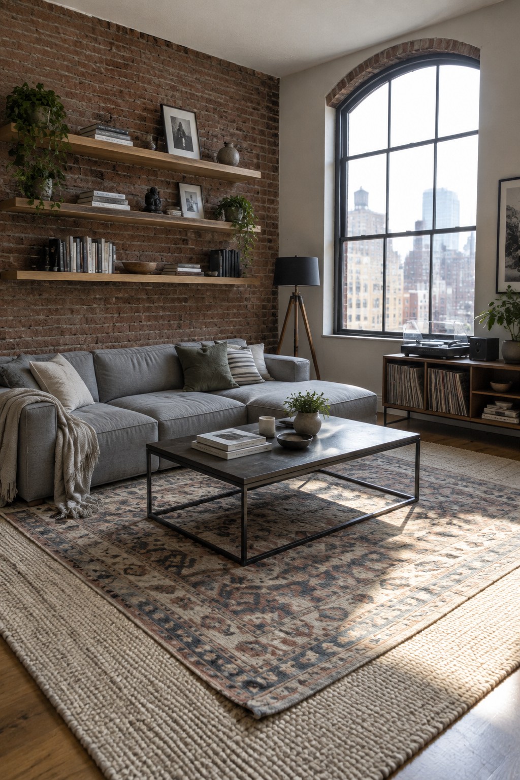 A living room with a gray low-profile sectional sofa on layered rugs, a metal coffee table, floating wood shelves on a brick wall, and a large arched window.
