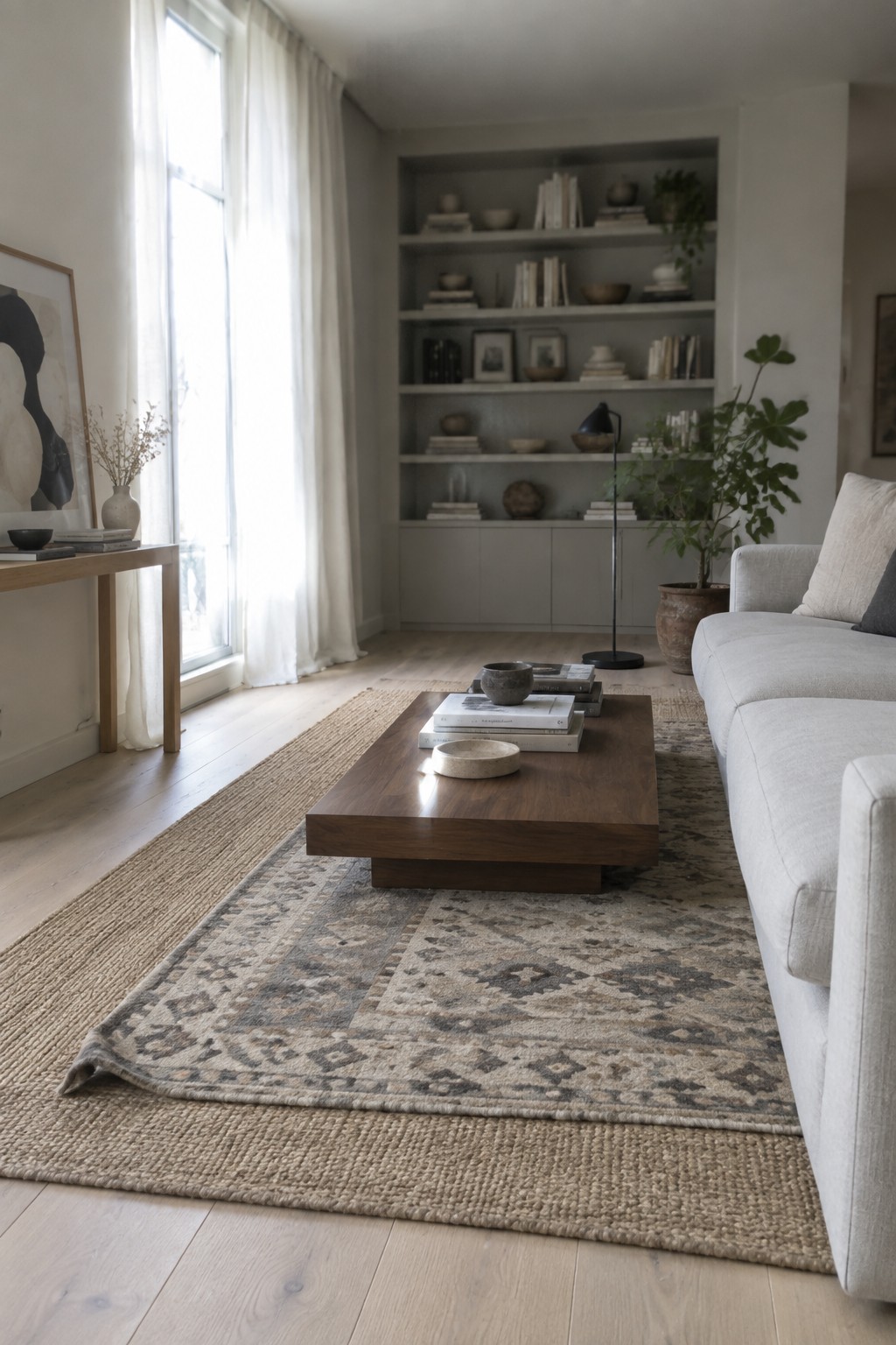 A modern living room with a light gray sectional sofa, low wooden coffee table on layered rugs, built-in gray shelves, and large windows with white curtains.
