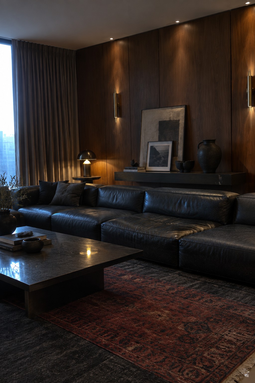 Dark leather sectional sofa in moody living room with wood walls and red rug