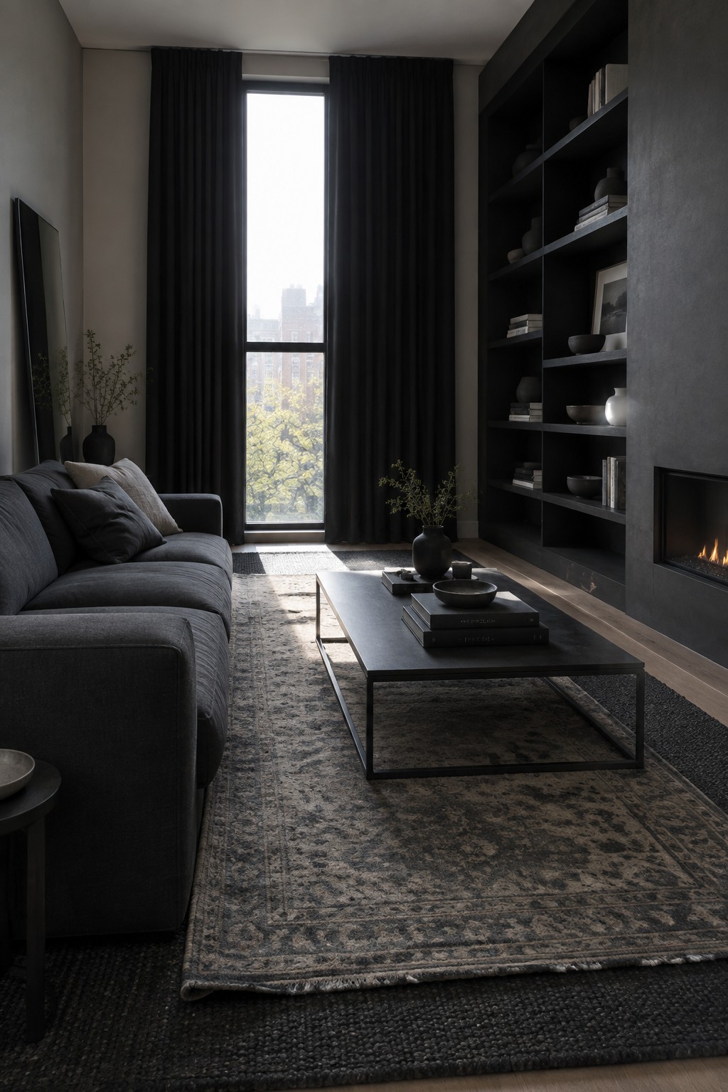 Dark modern living room with gray sofa, black coffee table, shelves, and large window.