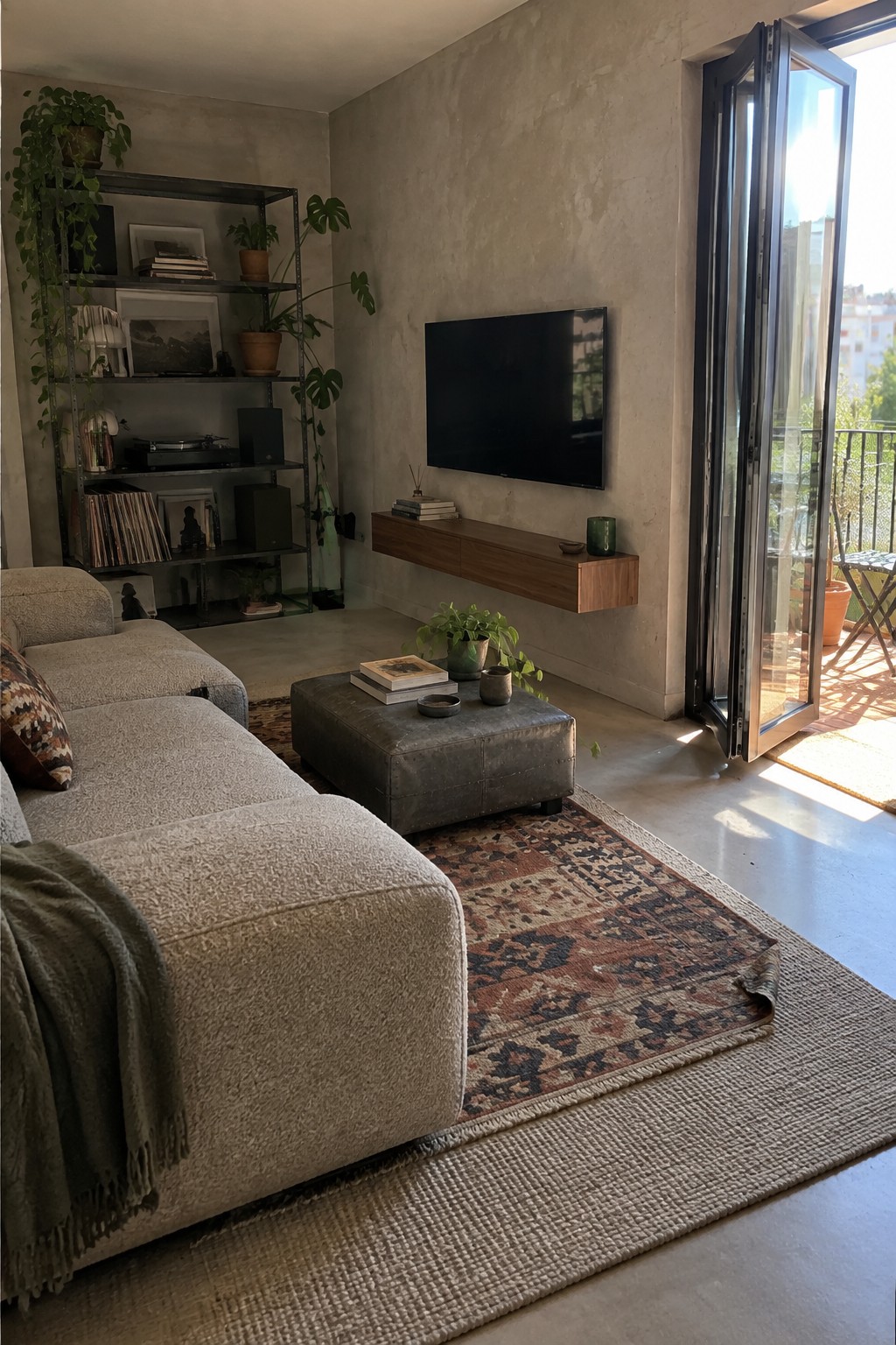 Modern living room with beige sectional sofa, leather ottoman, wall TV, and open balcony doors.