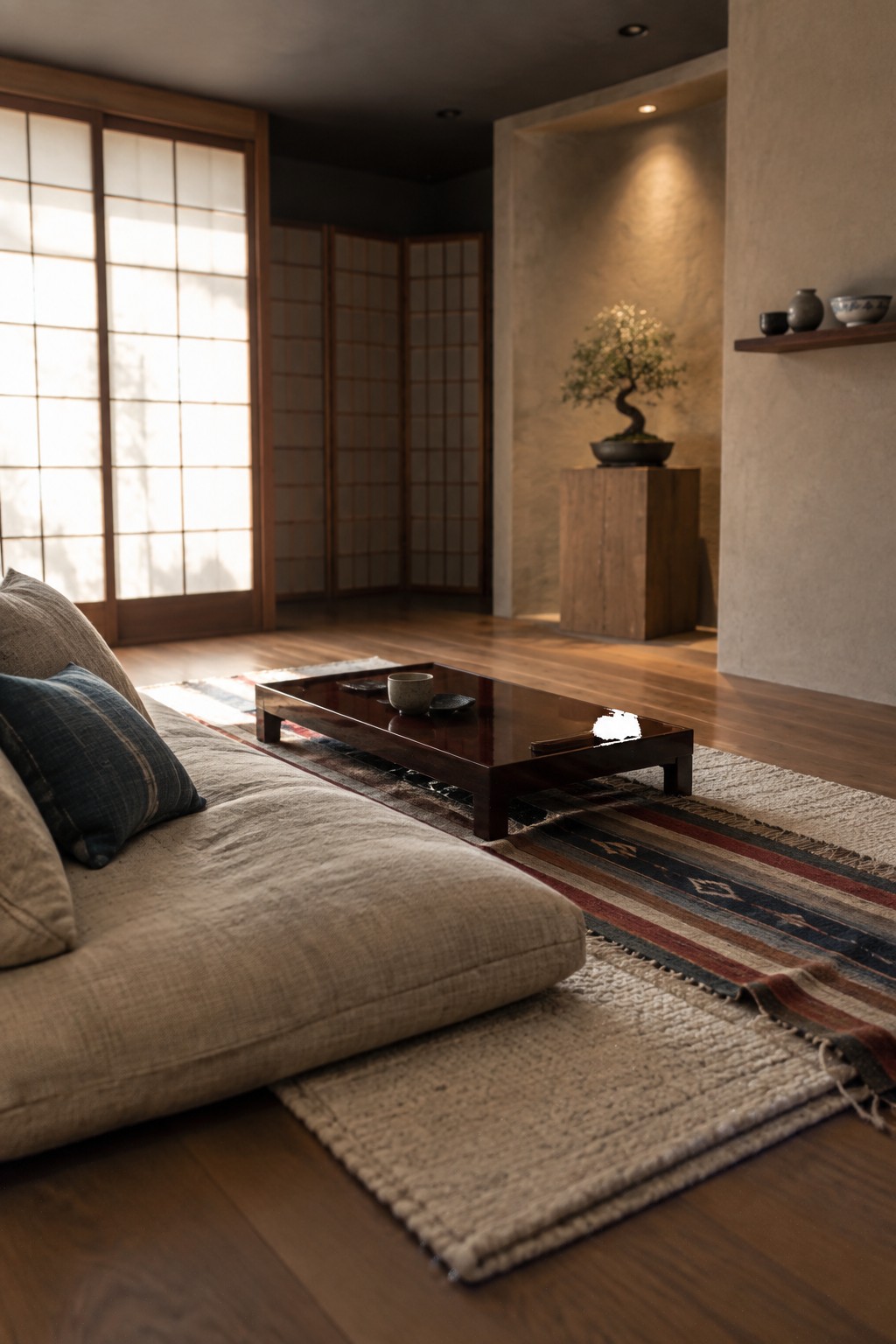 Minimalist Japanese room with low wooden table on striped rugs and bonsai tree