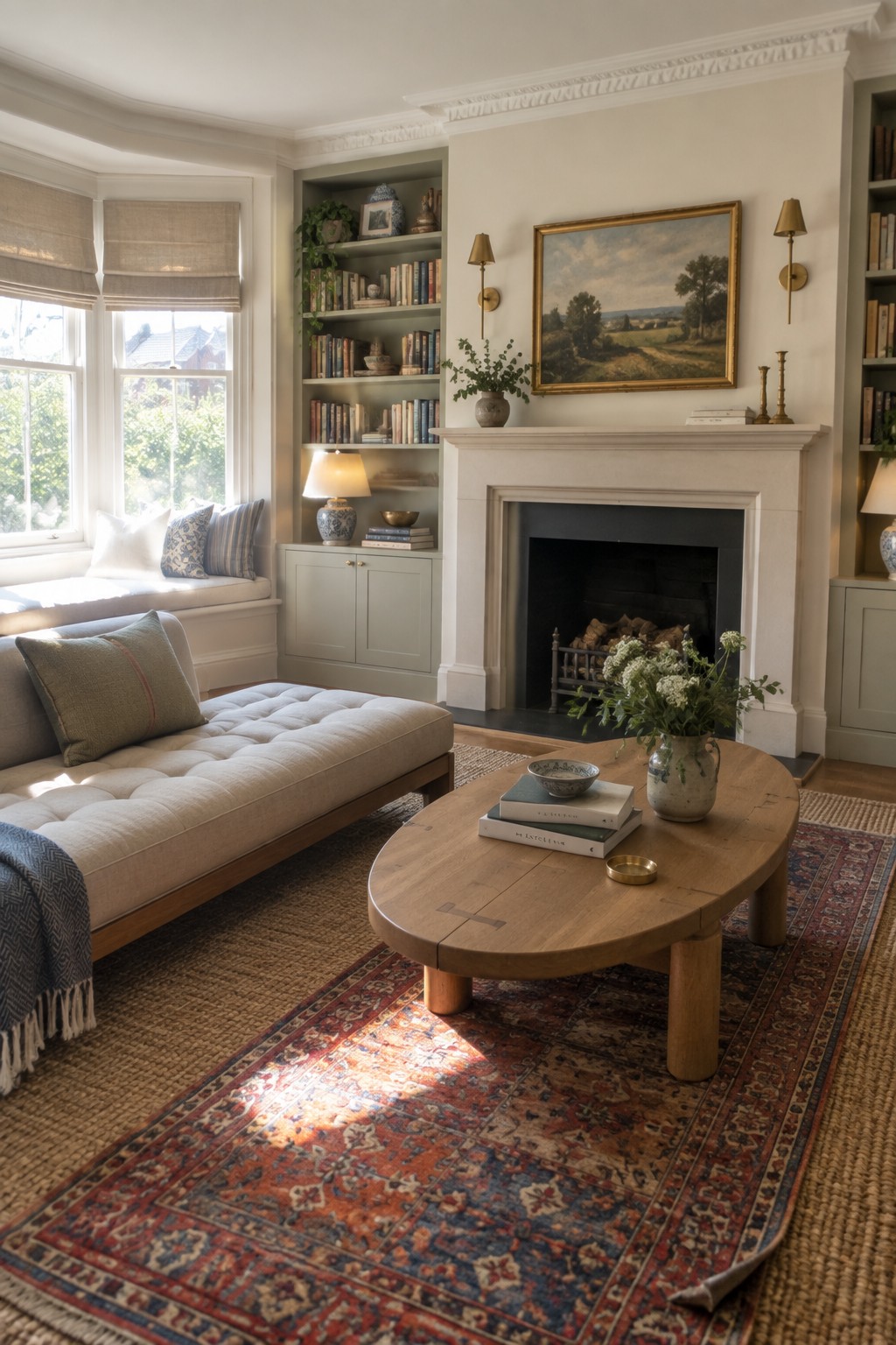 A living room featuring a low-profile tufted chaise sofa, round wooden coffee table on layered rugs, built-in bookshelves beside a fireplace, and a landscape painting above the mantel.