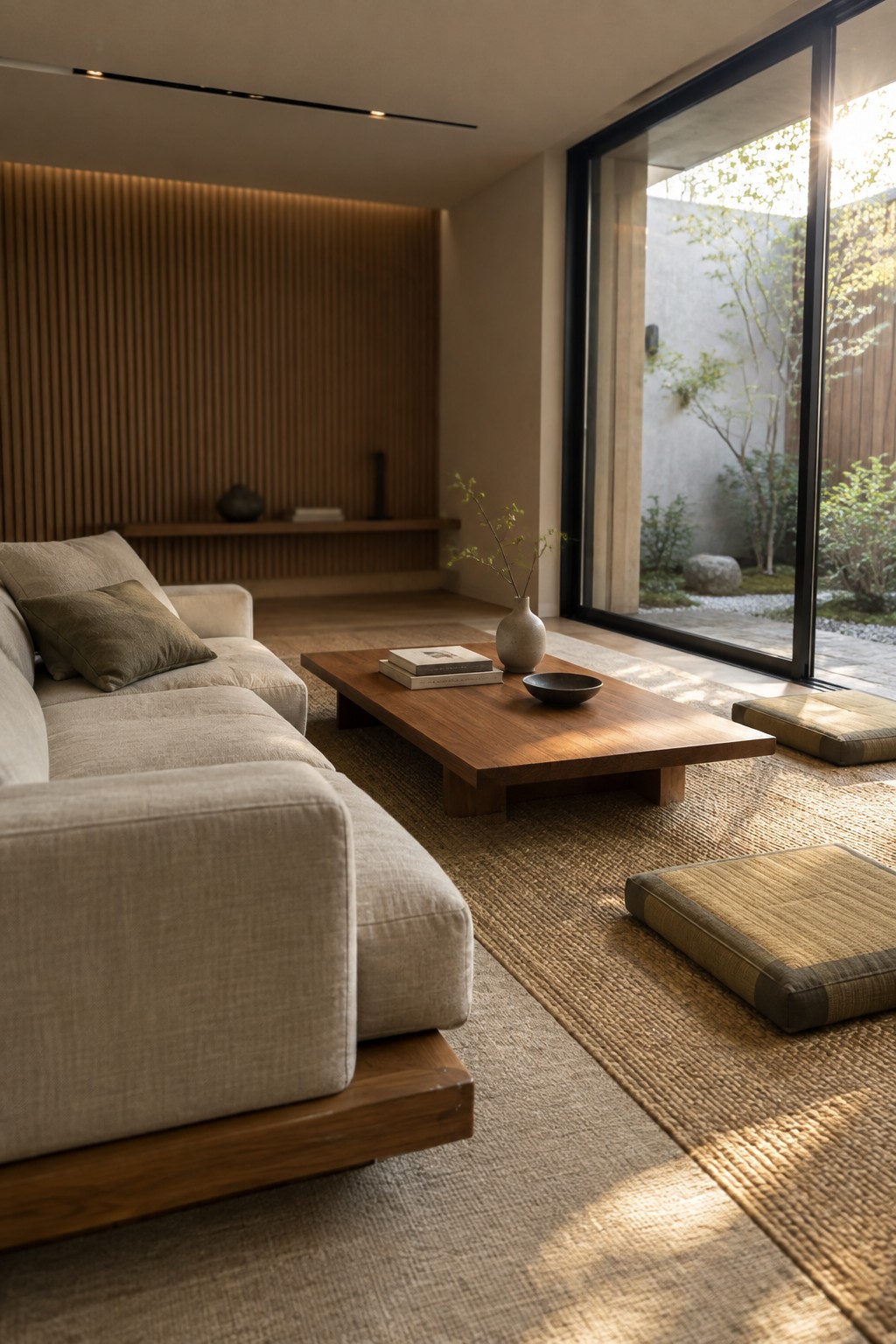 Minimalist living room with beige sofa, wooden table, tatami cushions, and garden view