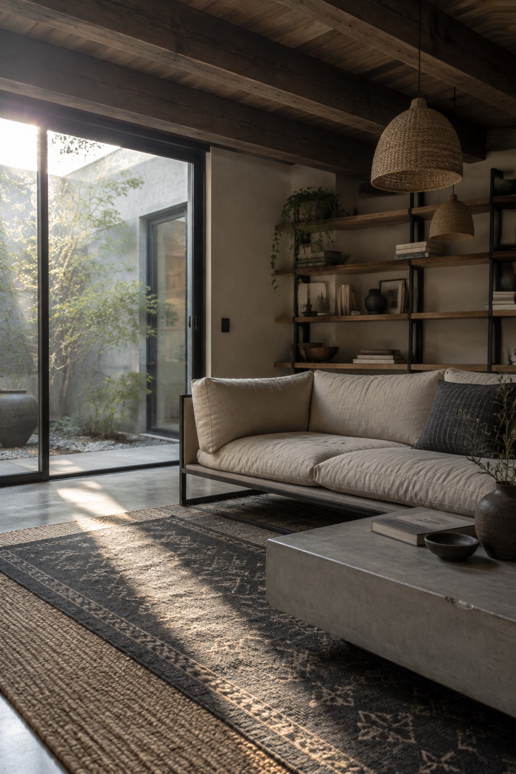 Sunlit living room with beige sofa, concrete table, patterned rug, and open glass doors