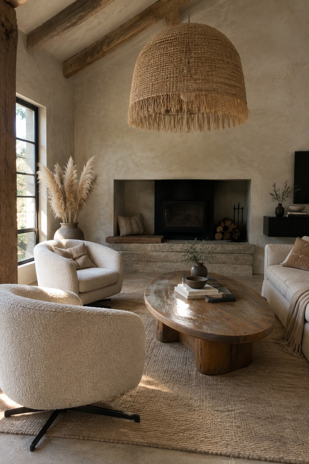A living room featuring a large oval raw wood coffee table on a jute rug, two off-white bouclé swivel chairs, a built-in stone fireplace, and a large woven pendant light overhead.