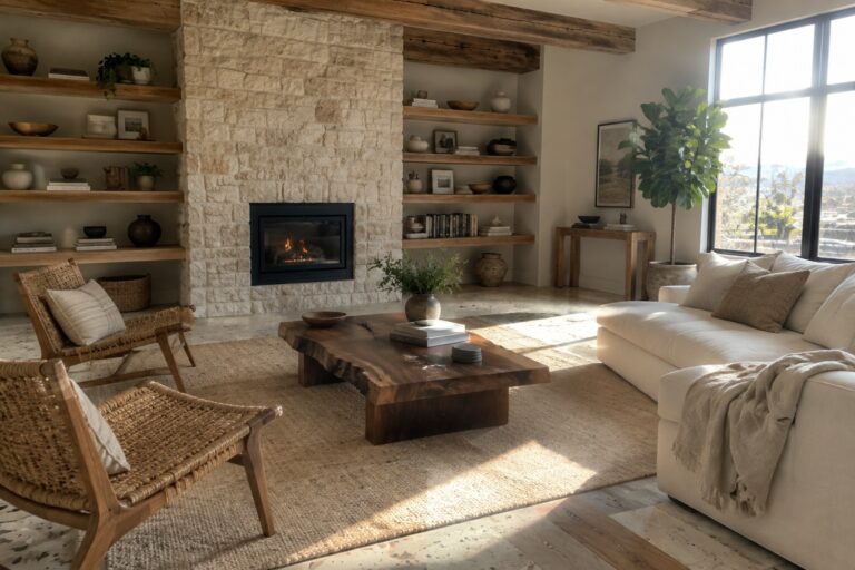 20 Organic Modern Living Room Ideas Featuring Stone and Raw Wood A living room featuring a large stone fireplace with black insert, wooden floating shelves on both sides holding pottery and books, a live-edge wood coffee table on a woven rug, two woven chairs, and a white sofa near a large window.