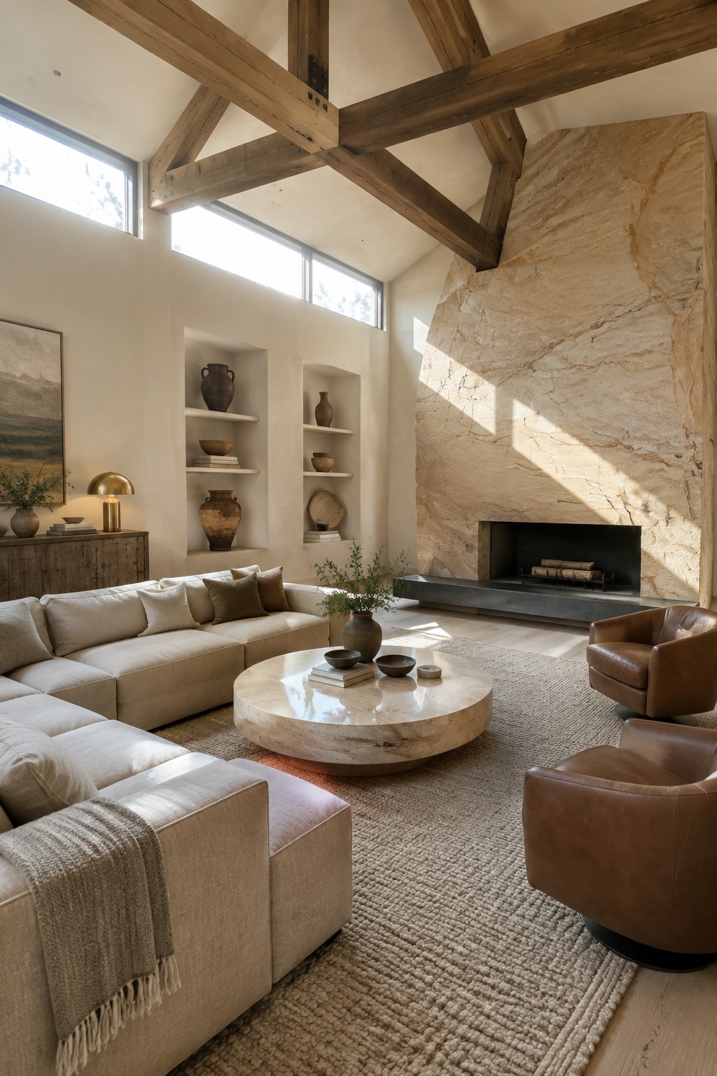 A modern living room with a large L-shaped sectional sofa, round stone coffee table, two brown leather swivel chairs, built-in wall niches holding pottery, and a tall stone fireplace beneath heavy exposed wooden ceiling beams.