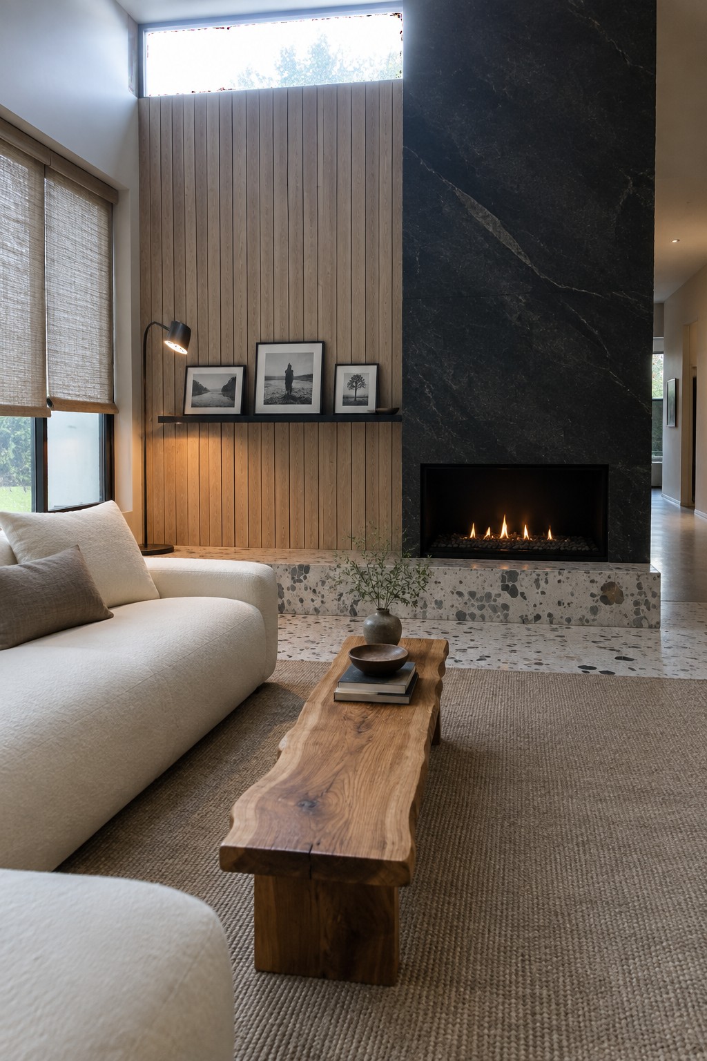 A modern living room featuring a white sofa, live edge wood coffee table on a beige rug, dark stone fireplace, and vertical wood wall paneling with framed photos on a shelf.