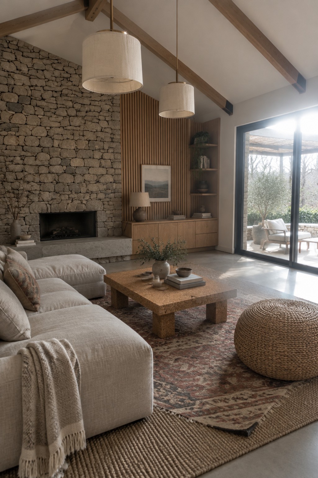A living room featuring a large stone fireplace wall, vertical wood slat paneling with built-in shelves, wooden ceiling beams, a light sectional sofa, and a cork coffee table on a patterned rug.