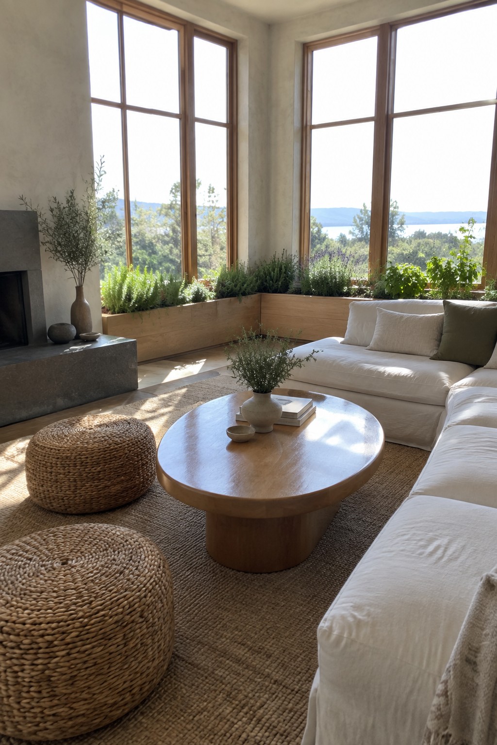 A modern living room with a stone fireplace on the left, a large round wooden coffee table in the center, a white sectional sofa, two woven poufs on a jute rug, and large wood-framed windows overlooking a landscape.