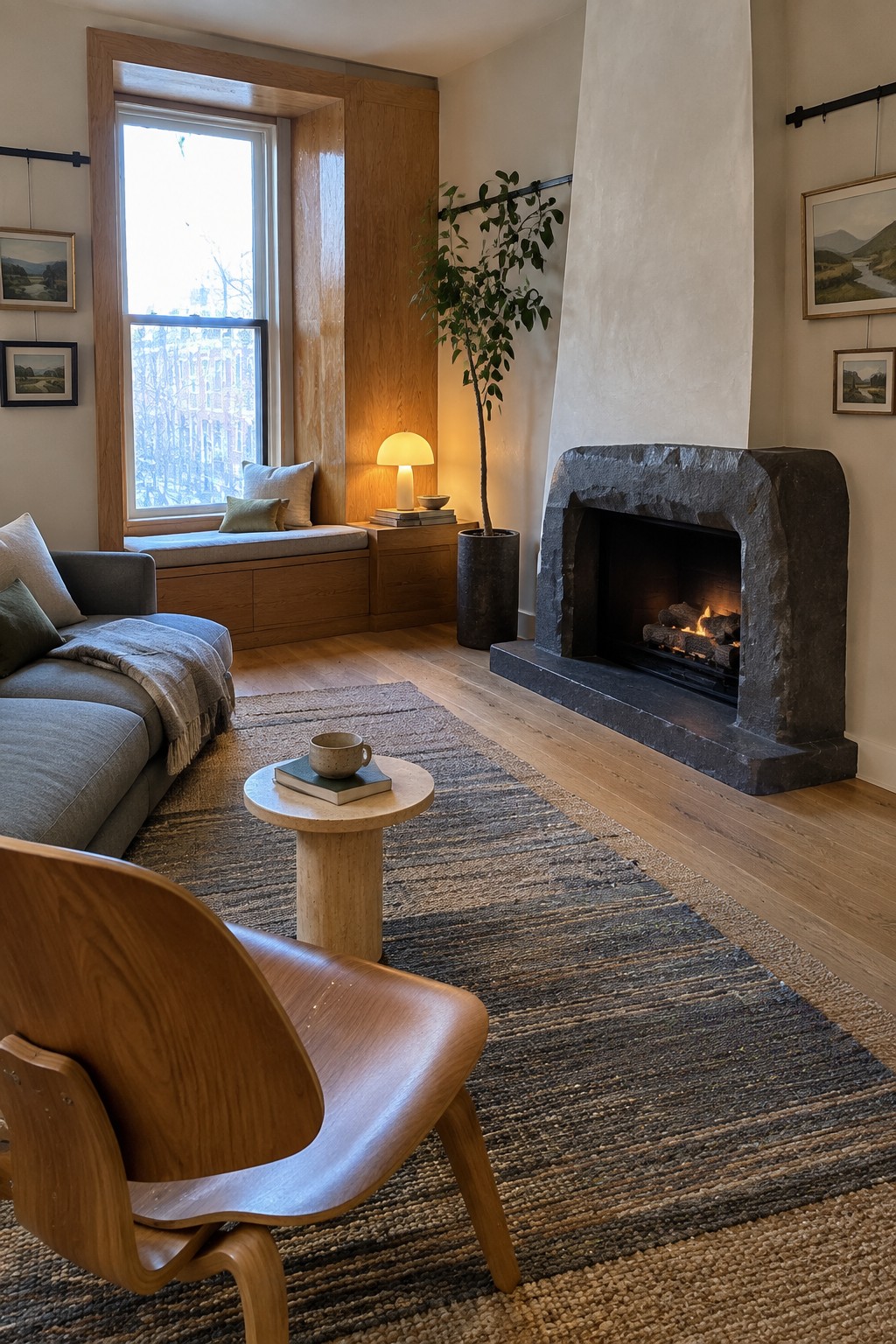A living room with a large rough stone fireplace, wood floors, a gray sectional sofa, a round side table, and a built-in window seat beneath tall windows.