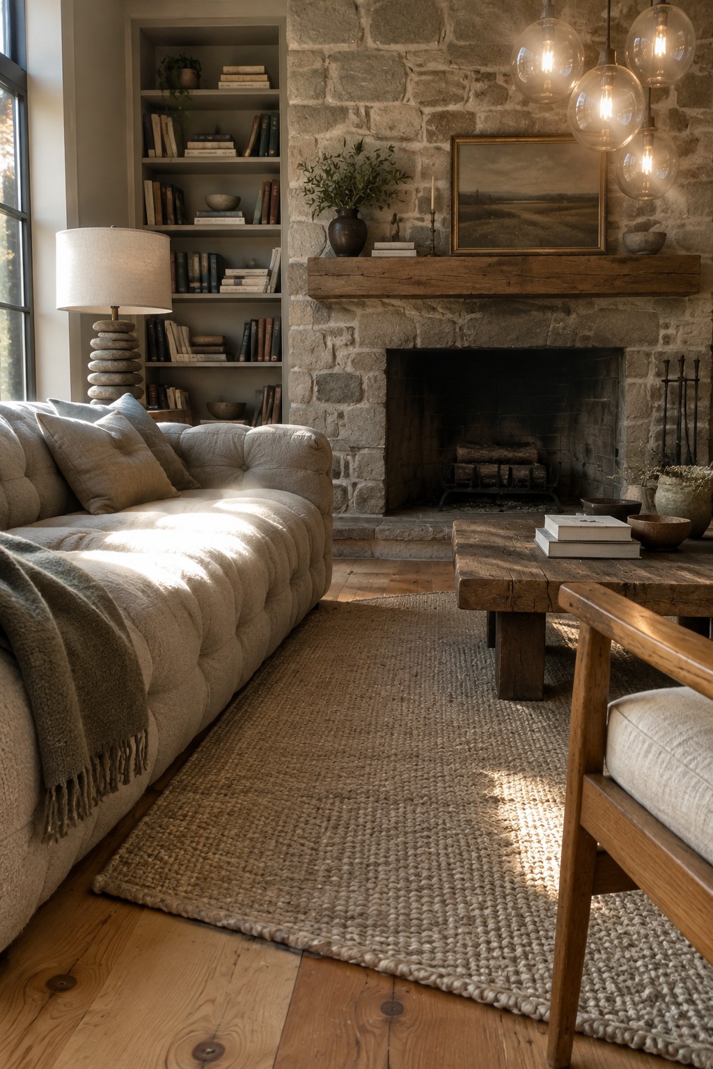 A living room with a large stone fireplace, thick wooden mantel, tufted sofa, jute rug, and wooden coffee table.