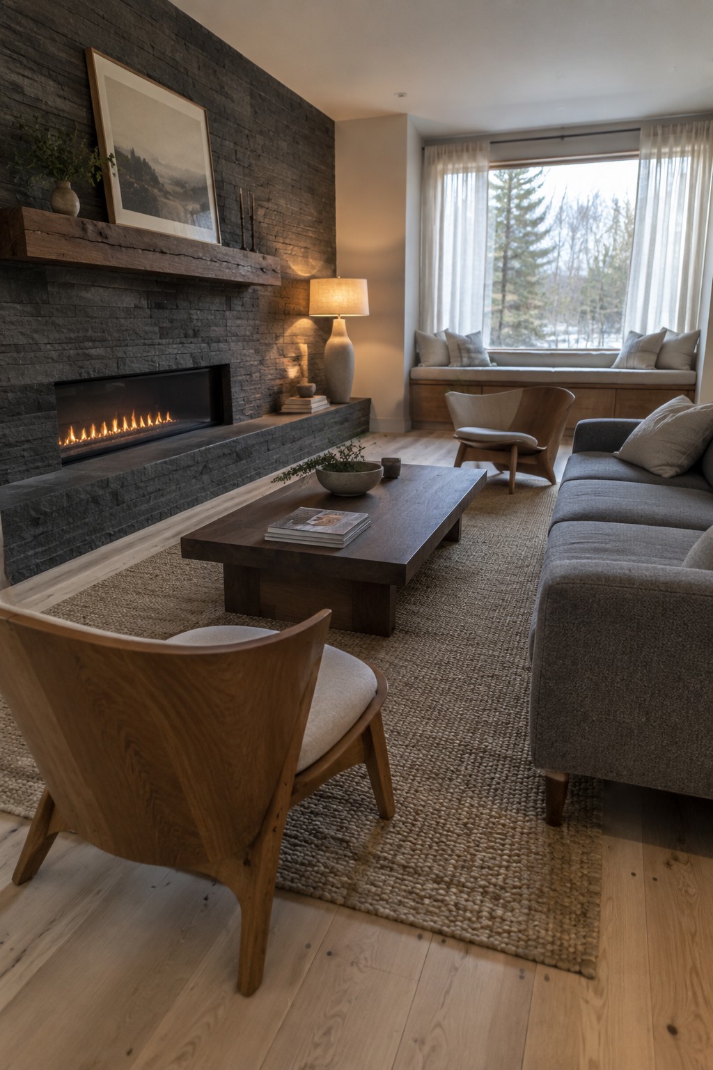 A living room with a dark stone fireplace wall, wooden mantel, wood coffee table, two wooden armchairs, gray sofa, and woven rug on light hardwood floors.
