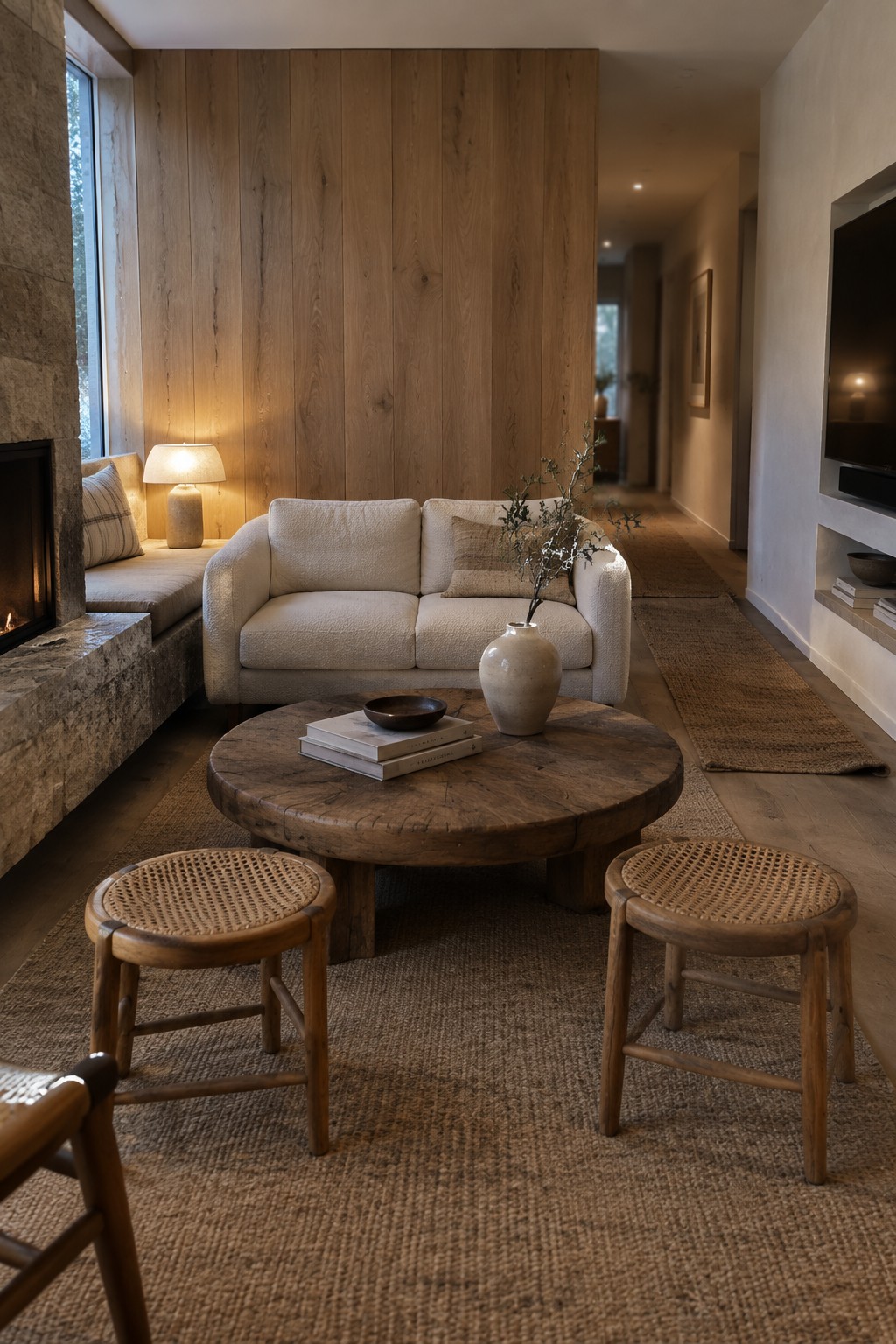 A living room with a white sofa against vertical wood paneling, a round wooden coffee table holding books and a vase, two woven stools on a jute rug, and a stone fireplace to the left.
