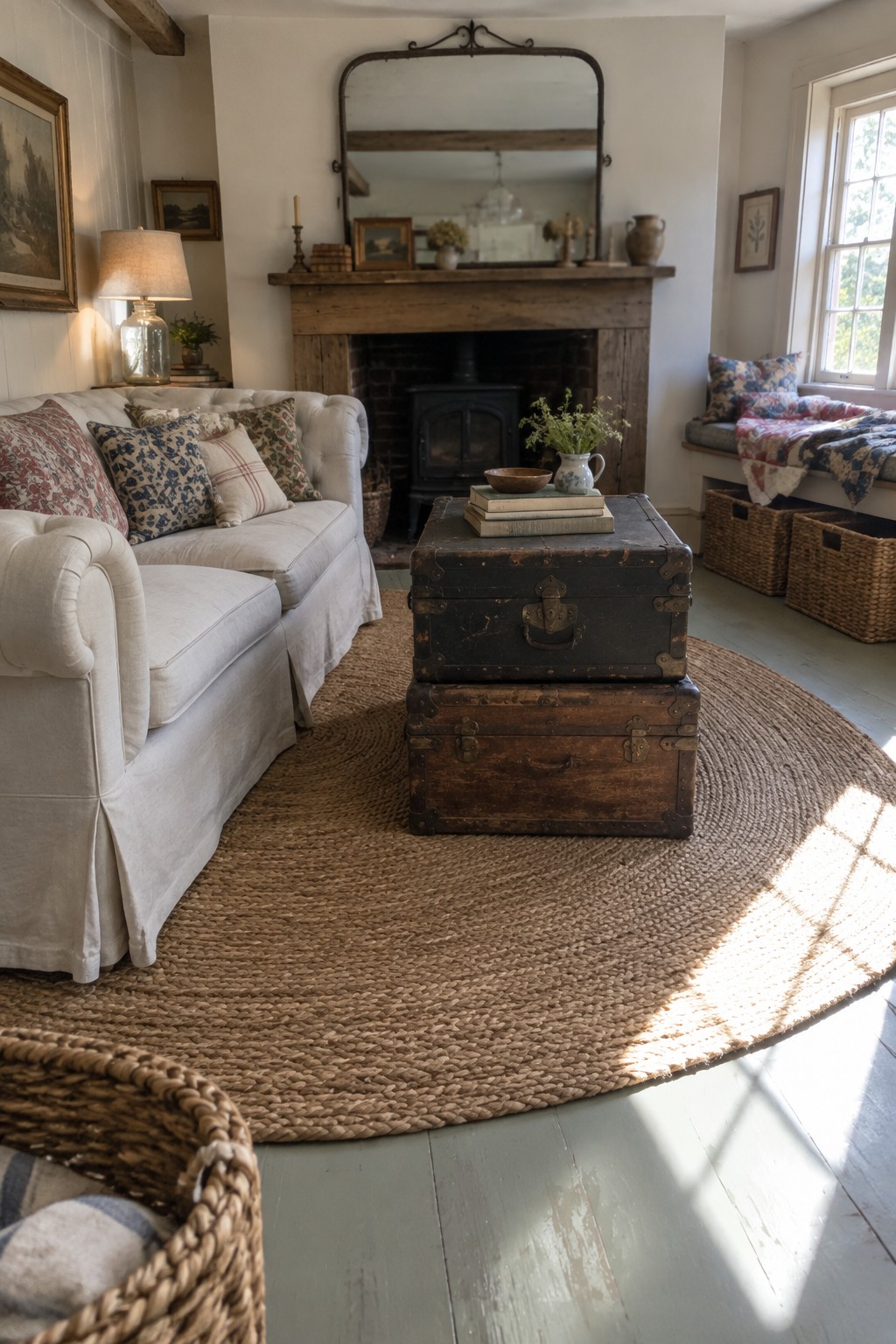 Cozy living room with white sofa, stacked vintage trunks on round jute rug