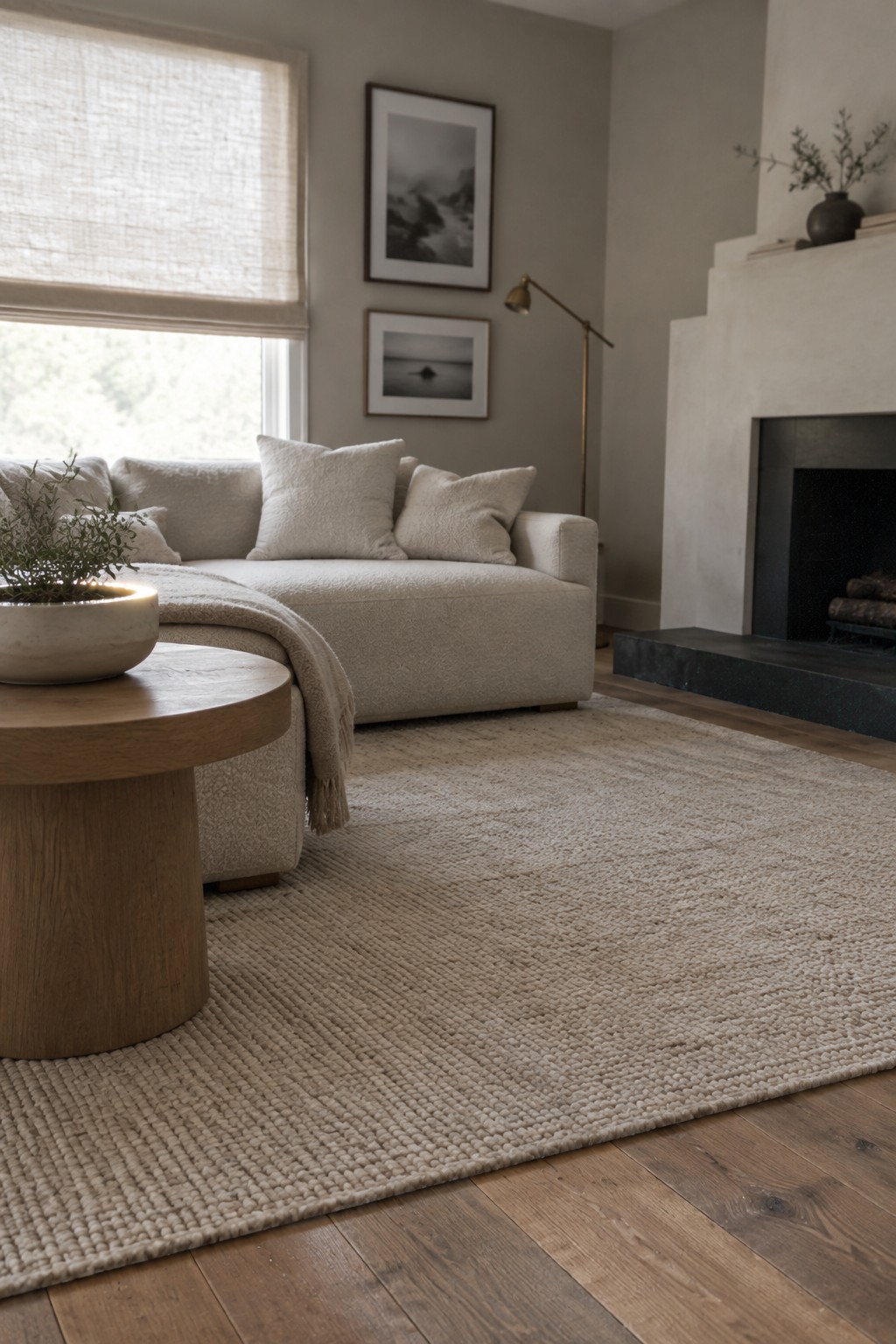 Neutral living room with beige sofa, round wooden table, textured rug, and fireplace
