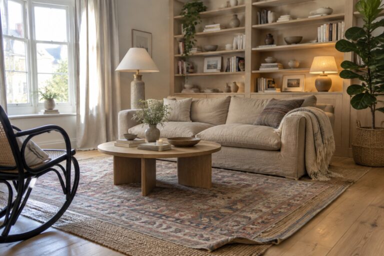 Cozy neutral living room with beige sofa, round wooden table, and patterned rug