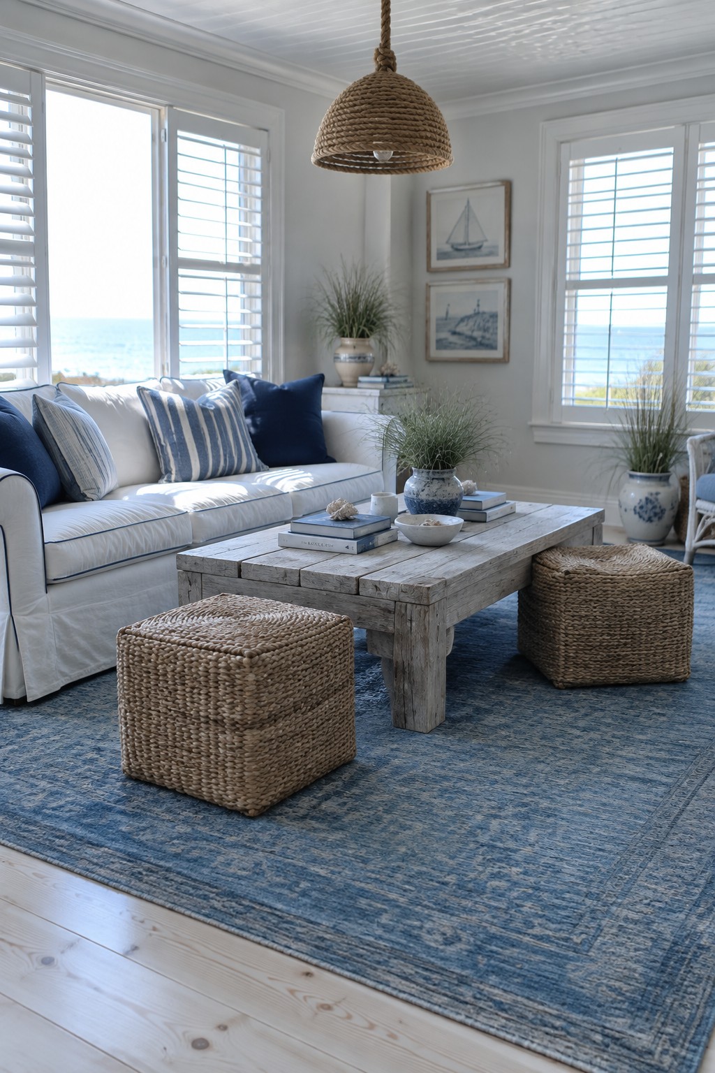 Sunny coastal living room with white sofa, blue pillows, woven ottomans, and ocean views